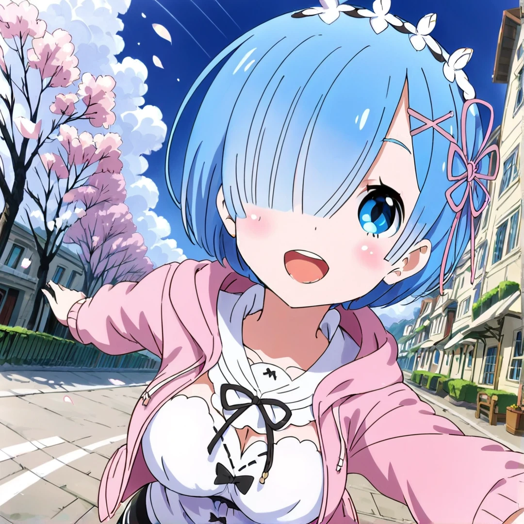 <lora:Rem:1>, rem, medium length sky blue hair that covers her right eye, large light blue eyes, has hair clips towards the left side of her hair, a flower-shaped ribbon on the same side of her hair, wears a baby blue hoodie, a pink cardigan, and 
 white jogging pants, large breasts, solo, in a street