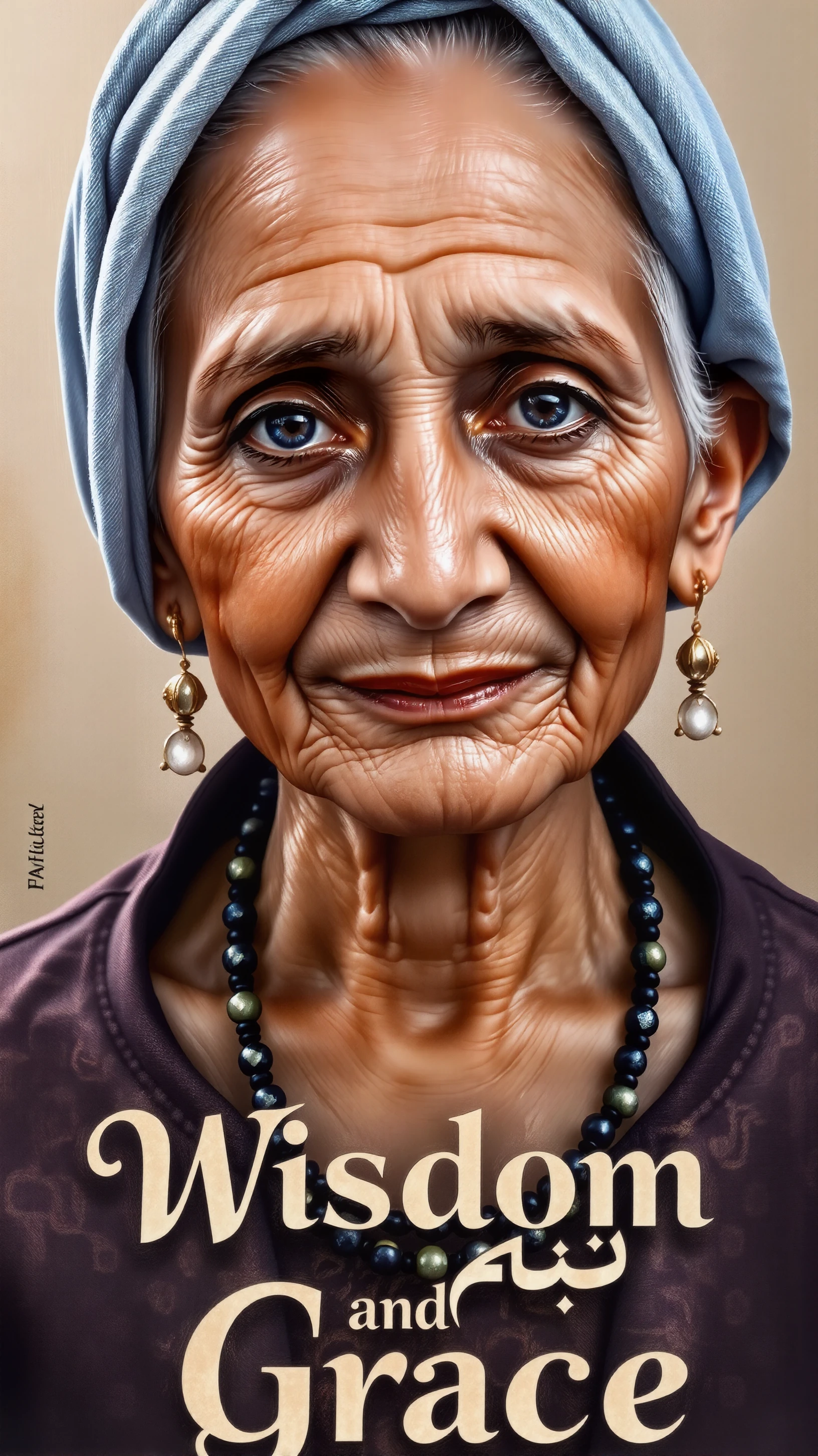 Text letters and words that says "Wisdom and Grace" in elegant calligraphy on a softly colored background, featuring an elderly 70-year-old Arabic female wearing a hejab and a stunning dress adorned with intricate jewelry. A close-up portrait emphasizing her warm and friendly expression, surrounded by a softly blurred background that complements her clothing. A hyper-realistic oil painting with rich colors and details, highlighting her ultra-detailed skin and eyes, softly illuminated by natural light <lora:Old_Beauty-000001:1>