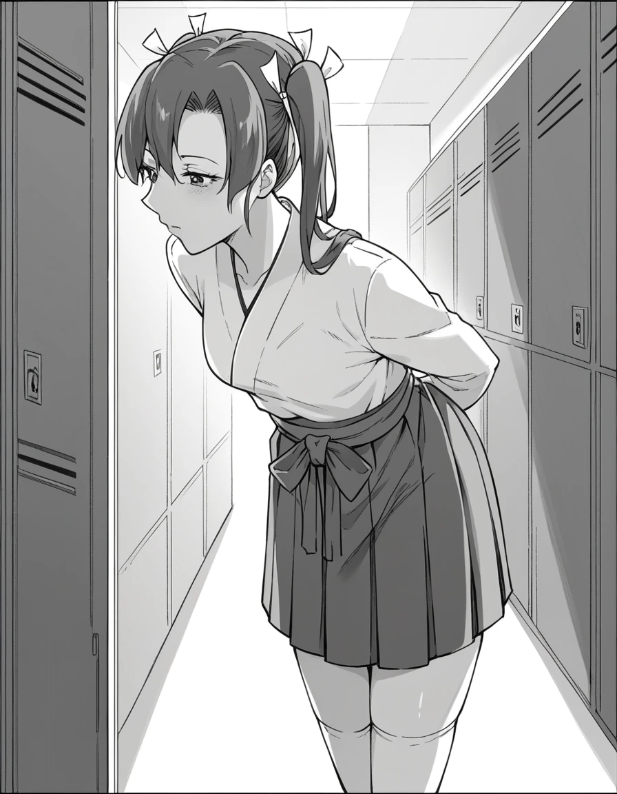 score_9, score_8_up, score_7_up, source_anime, <lora:gaffe-takaman-zuikaku-manga-ponyxl-lora-nochekaiser:1>, zuikaku, ribbon, twintails, monochrome, hair ribbon, greyscale, small breasts, mature female,, skirt, thighhighs, japanese clothes, hakama, hakama skirt, hakama short skirt,, school hallway, lockers, between classes, everyday life, , , hands behind back, bent over,, solo,, cowboy shot, dutch angle