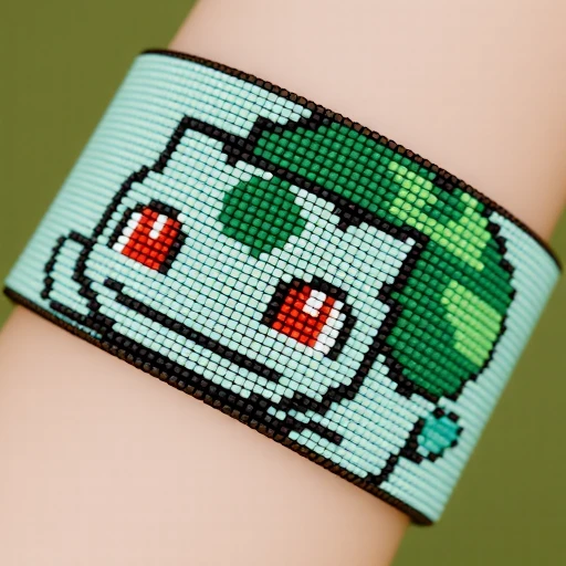 bracelet tatewari A beaded bracelet featuring an 8-bit style design of Bulbasaur from Pokémon. The beads are arranged in a pixelated pattern to showcase Bulbasaur’s adorable, leafy appearance. Light and dark green beads form his body, with lighter tones for his face and darker green beads for his spots. His large, red eyes are made with red and white beads, while black beads are used to outline his face and features, giving it a retro video game vibe. The bulb on his back is depicted with small teal and green beads, adding detail to the design