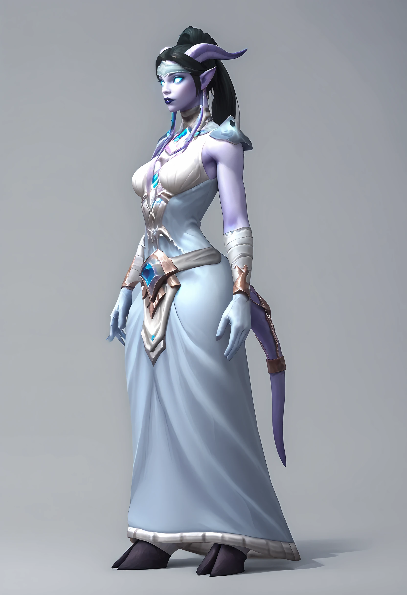 score_9, score_8_up, score_7_up, score_6_up, score_5_up, score_4_up, 1girl, <lora:DraeneiMoonclothWOW:0.85> , blue sclera, colored sclera, colored skin, purple skin, horns, glowing eyes, black hair, ponytail, long hair, pointy ears, purple lips, tail, breasts, hooves, dress, white dress, full body, standing, 
simple background,