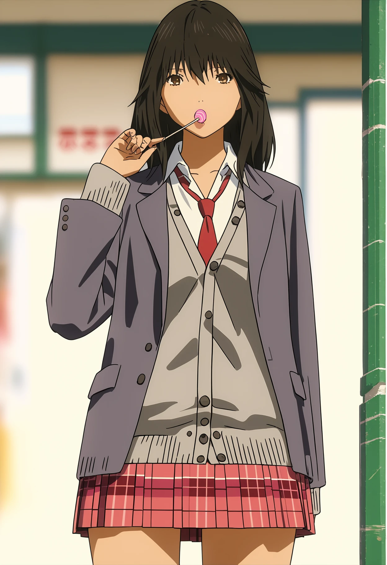 score_9, score_8_up, score_7_up, rating_safe, source_anime, anime, 1girl, candy, lollipop, skirt, food, school uniform, solo, necktie, black hair, plaid skirt, jacket, brown eyes, blazer, hand in pocket, plaid, cardigan, pleated skirt, Outfit11, <lora:misakiya:1>