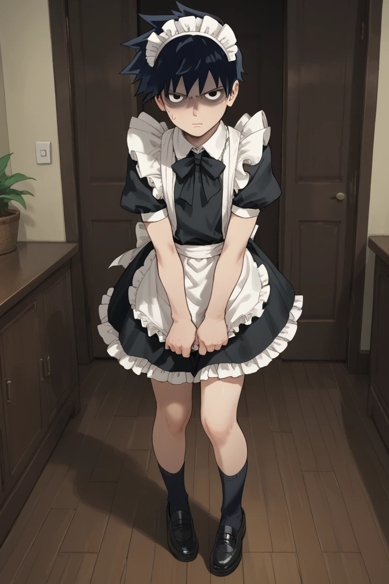 score_9,score_8_up, score_7_up, score_6_up,
ritsu kageyama, black hair, black eyes, official style, 1boy, maid, crossdressing, male focus, solo, enmaided, alternate costume, apron, maid headdress, dress, maid apron, frills, spiked hair, frilled dress, short sleeves, black socks, black dress, frilled apron, black footwear, puffy sleeves, shoes, white apron, full body, angry, shaded face