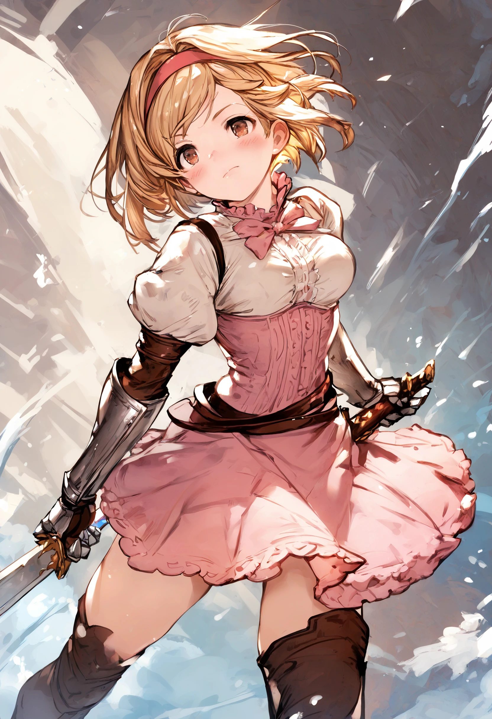 score_9, score_8_up, score_7_up,score_6_up, source_anime, best quality, masterpiece, aesthetic, absurdres, 
1girl, solo, blush, serious, (holding sword:1.2), action, motion blur, 
djeeta \(granblue fantasy\), blonde hair, short hair, hairband, brown hair,  medium breasts, pink blouse, skirt, gauntlets, tighthigh boots,
<lora:JitaRuri-Pony:0.8> jitaruri, <lora:IshikePony:0.5>,