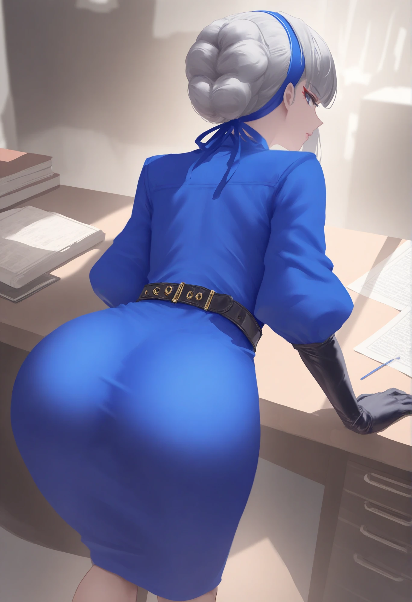 artist:ningen_mame,[artist:ciloranko],[[artist:binggong_asylum]],artist:asakuraf,[[artist:shexyo]],[artist:wlop]
masterpiece, best quality, very aesthetic,1girl,huge ass,wide hips,thick thighs,from behind,bent over,office
,looking at viewer, 
merope,blue shirt,blue hairband, black gloves, black belt, elbow gloves, single sidelock, buttons, puffy sleeves, grey hair, french braid, hair ribbon, blue skirt, blunt bangs<lora:p5x merope-persona5x-koto-Illustrious v01 V4:1>