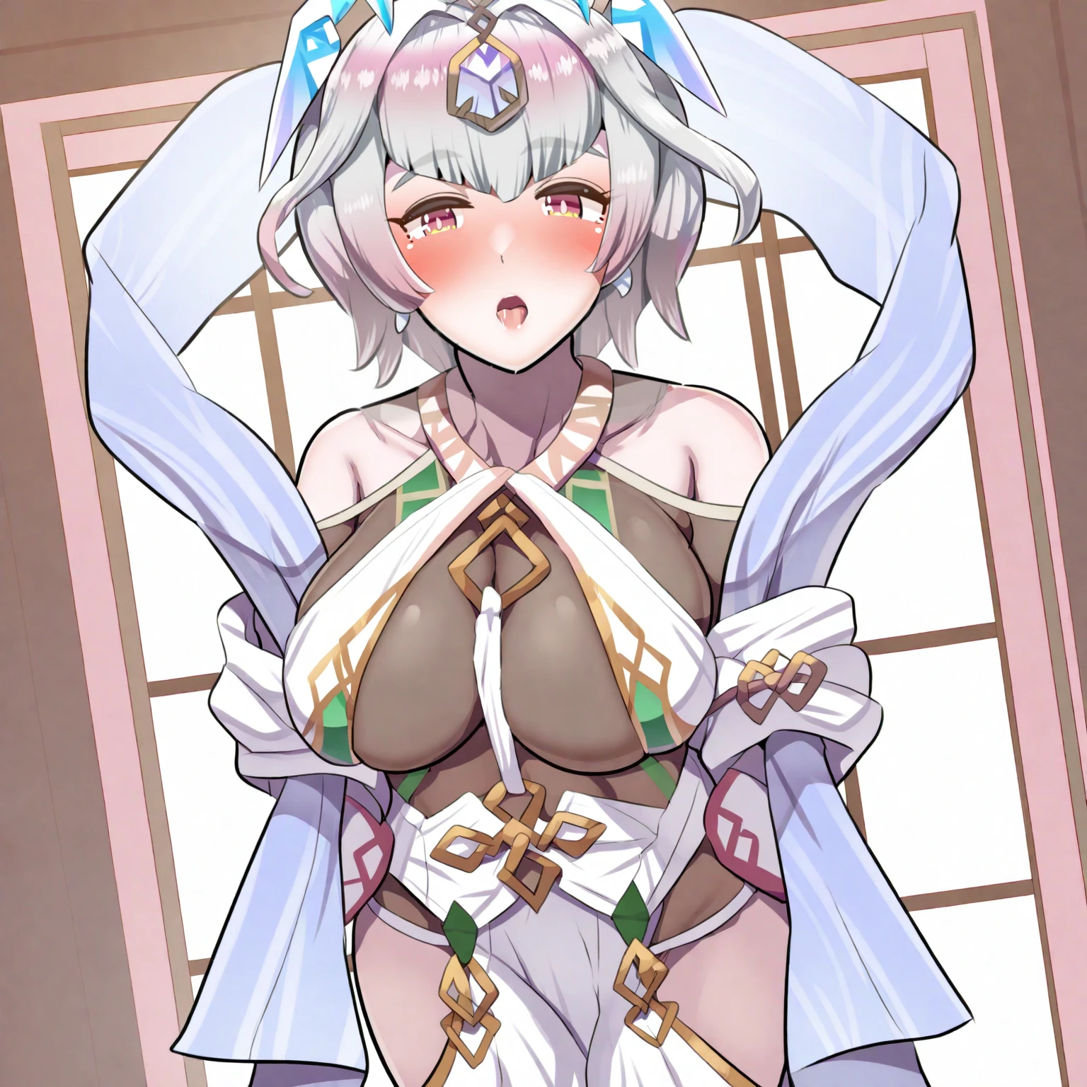 1girl,
indoors
(masterpiece),(best quality),(ultra-detailed),very aesthetic,illustration,perfect composition,moist skin,intricate details,absurdres,looking at you,seductive expression,
 <lora:Seidr-illustrious-lora:1> defseidr, short hair, multicolored hair, large breasts, bare shoulders, hair ornament, gradient hair, see-through clothes, harem pants, shawl,gradient eyes
boris_noborhys