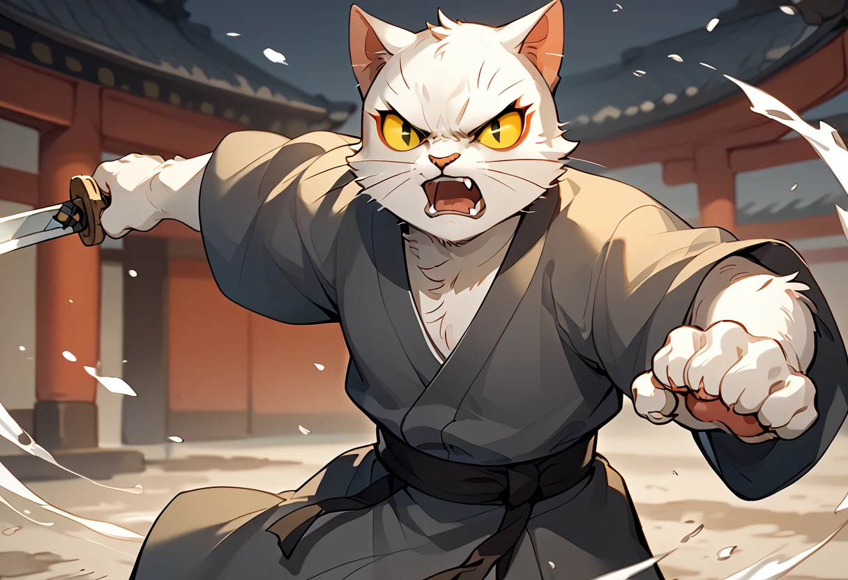 score_9, score_8_up, score_7_up, high quality, hires, solo, libing, whitecatlegend, solo, whiskers, cat, furry, yellow sclera, yellow eyes, action pose, running, holding sword, white body, open mouth, angry, black japanese clothes, <lora:Li_Bing_White_Cat_Legend:1>