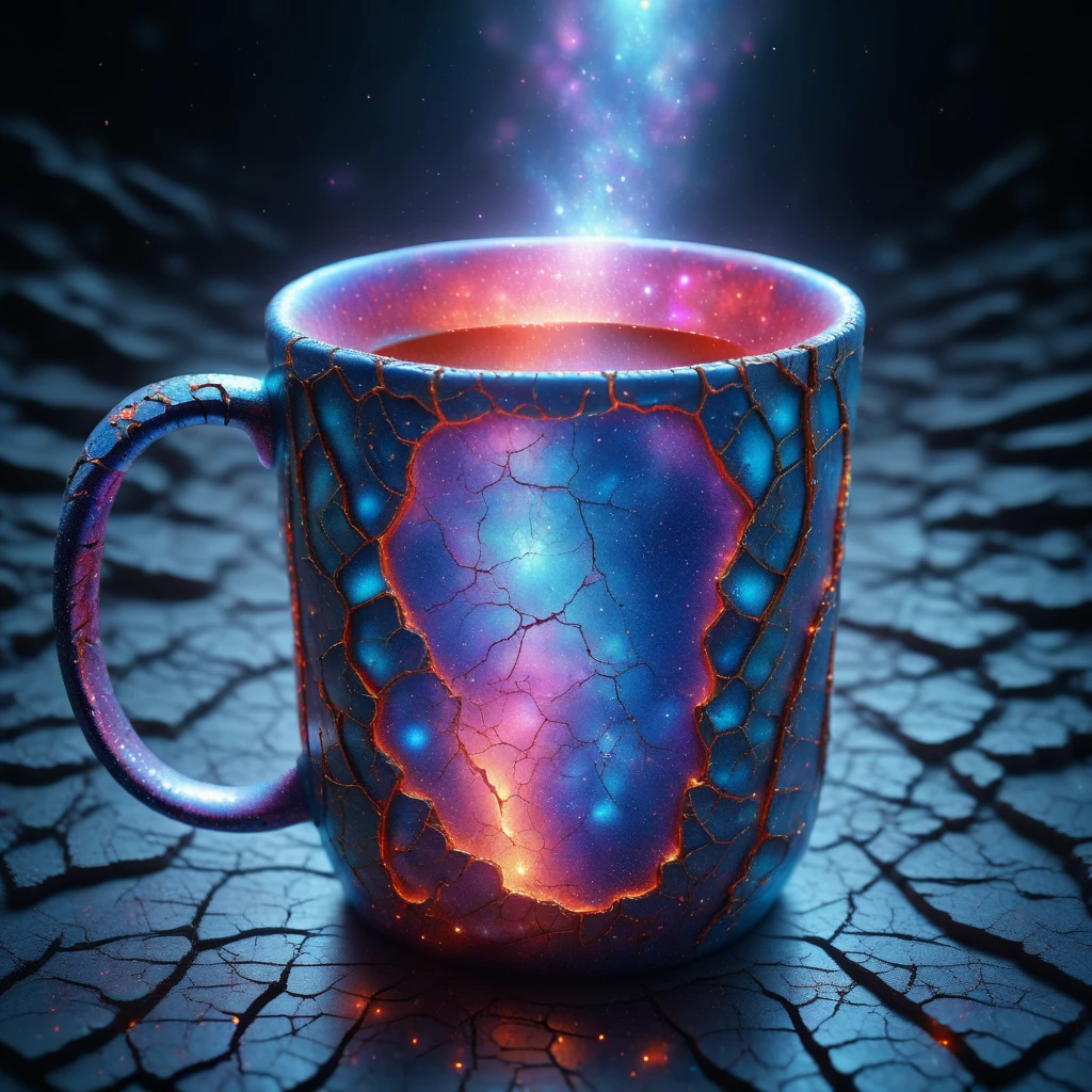 glowing galaxy cracks, coffee mug