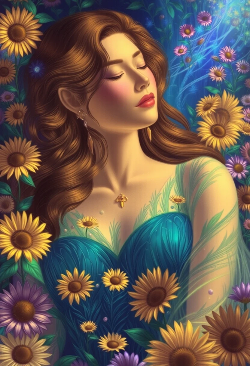 @NozomiMats, Nozomi Matsuoka \(Artist\), @Nozomi, nozomi.matsuoka \(Artist\),GLOW,intricate tetradic colors in every details,FLUORESCENT,asian woman, A Pre-Raphaelite depiction of a woman in a slumber of profound tranquility amidst a superabundance of flora. Render the scene in meticulous detail, capturing the luminescent quality of the subject's skin and the diaphanous folds of her peacock-feathered gown. Employ a vibrant palette of lapis lazuli, malachite, and aureate hues, reminiscent of Byzantine mosaics. The woman's pose, suggestive of classical statuary, should convey a sense of ethereal grace, her face, partially obscured by a cascade of auburn tresses adorned with jeweled ornaments, evinces an aura of serene beatitude. The floral tapestry, an intricate mélange of sunflowers, daisies, and anemones, should be rendered with hyperrealistic precision, imbuing the composition with a sense of luxuriant abundance. Utilize a soft chiaroscuro, with light emanating from an unseen celestial source, to accentuate the dreamlike ambiance.
