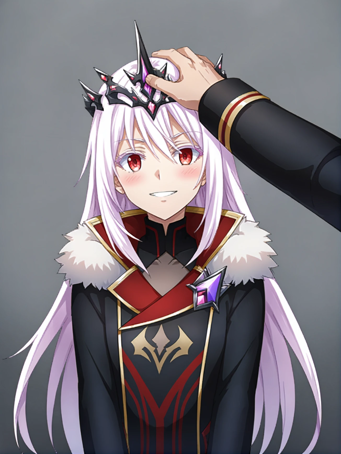 score_9, score_8_up, score_7_up, rating_explicit, score_anime, uncensored, BREAK, <lora:Emils_PDXLv0.3:0.9> emils-v2, crown, main outfit, <lora:Headpat_XLPD:1> headpat, pov hands