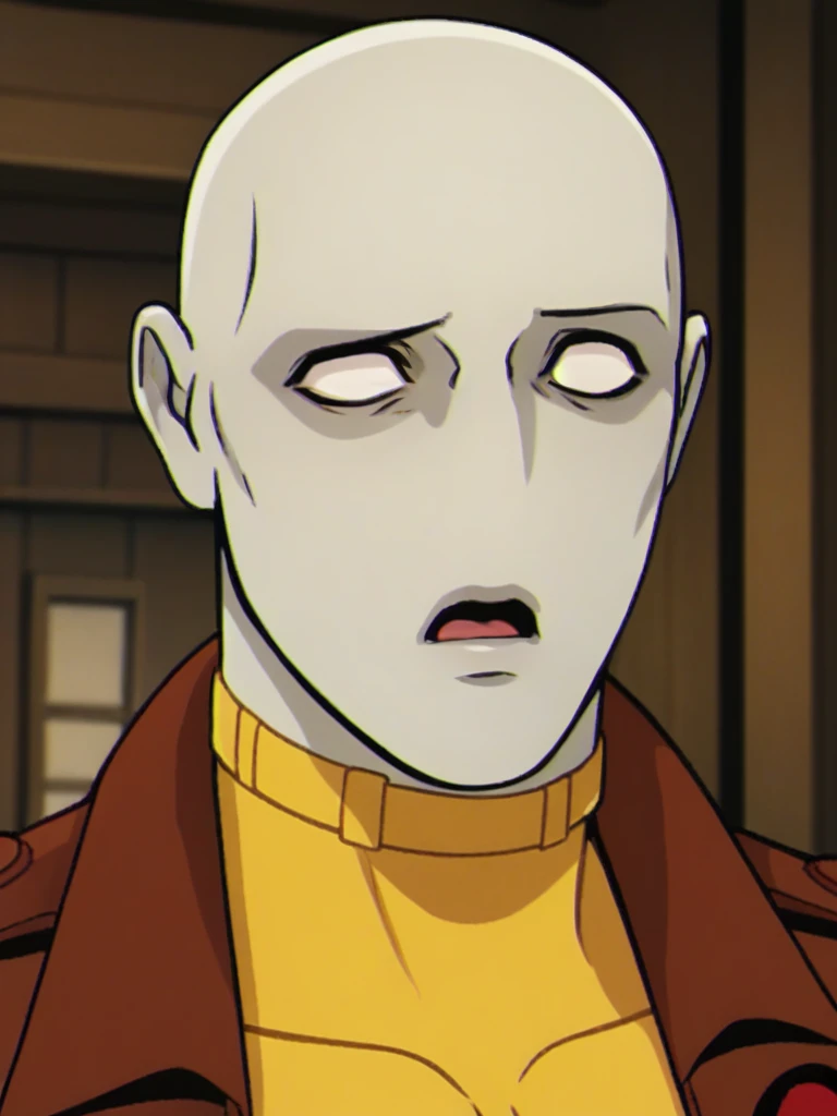 score_9, score_8, portrait of Morph_X97 man, grey skin, bald, x-men outfit, open jacket, shocked, <lora:Morph_X97:.8> solo <lora:add-detail-xl:.8> (fully white eyes)