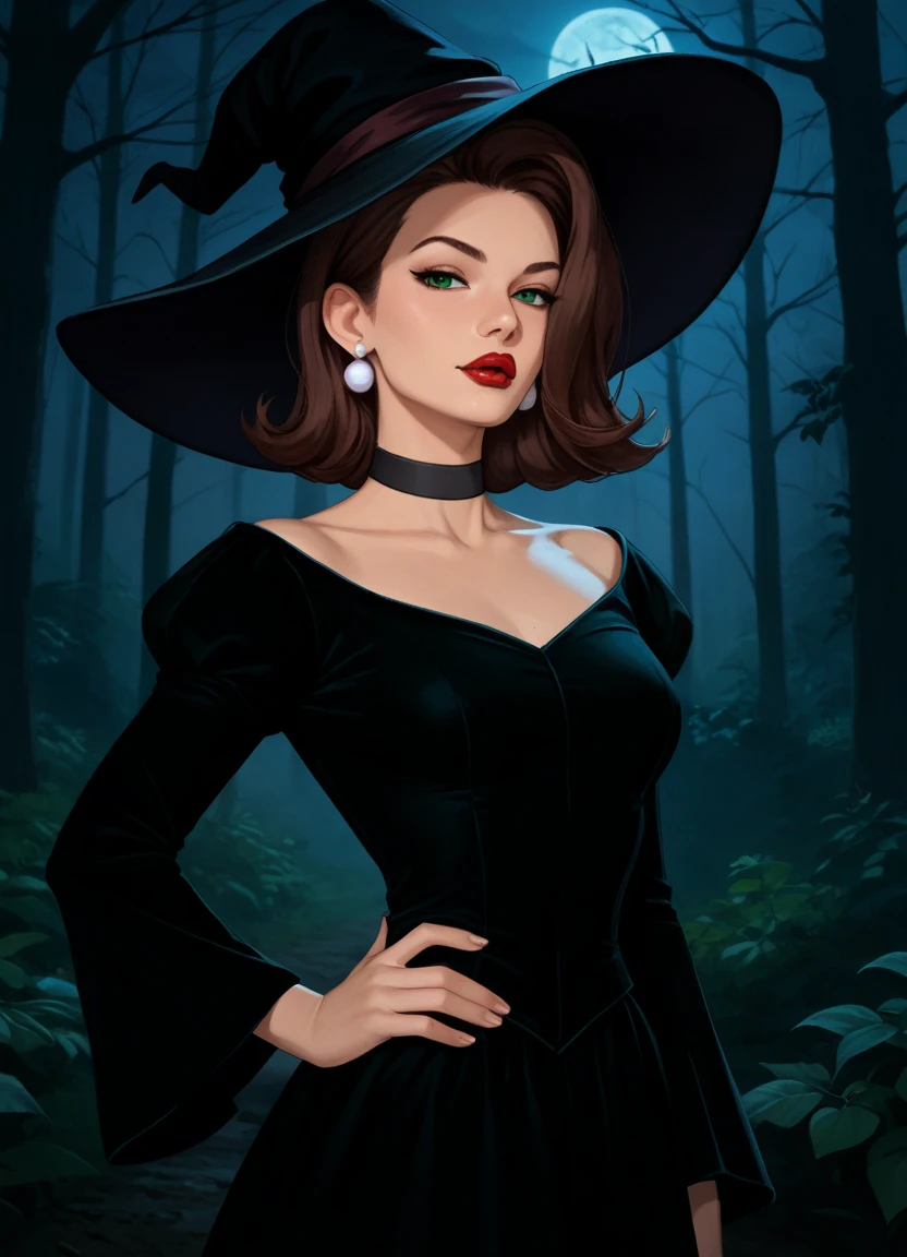 score_9, score_8_up, score_7_up, score_6_up, score_5_up, score_4_up, rating_safe, dewmi moore \(lsl\), 1girl, solo, medium hair, brown hair, lipstick, red lips, black choker, witch hat, long black dress, green eyes, hair over one eye, white earrings, jewelry, looking at viewer, half-closed eyes, standing, night, forest, spooky, hand on own hip