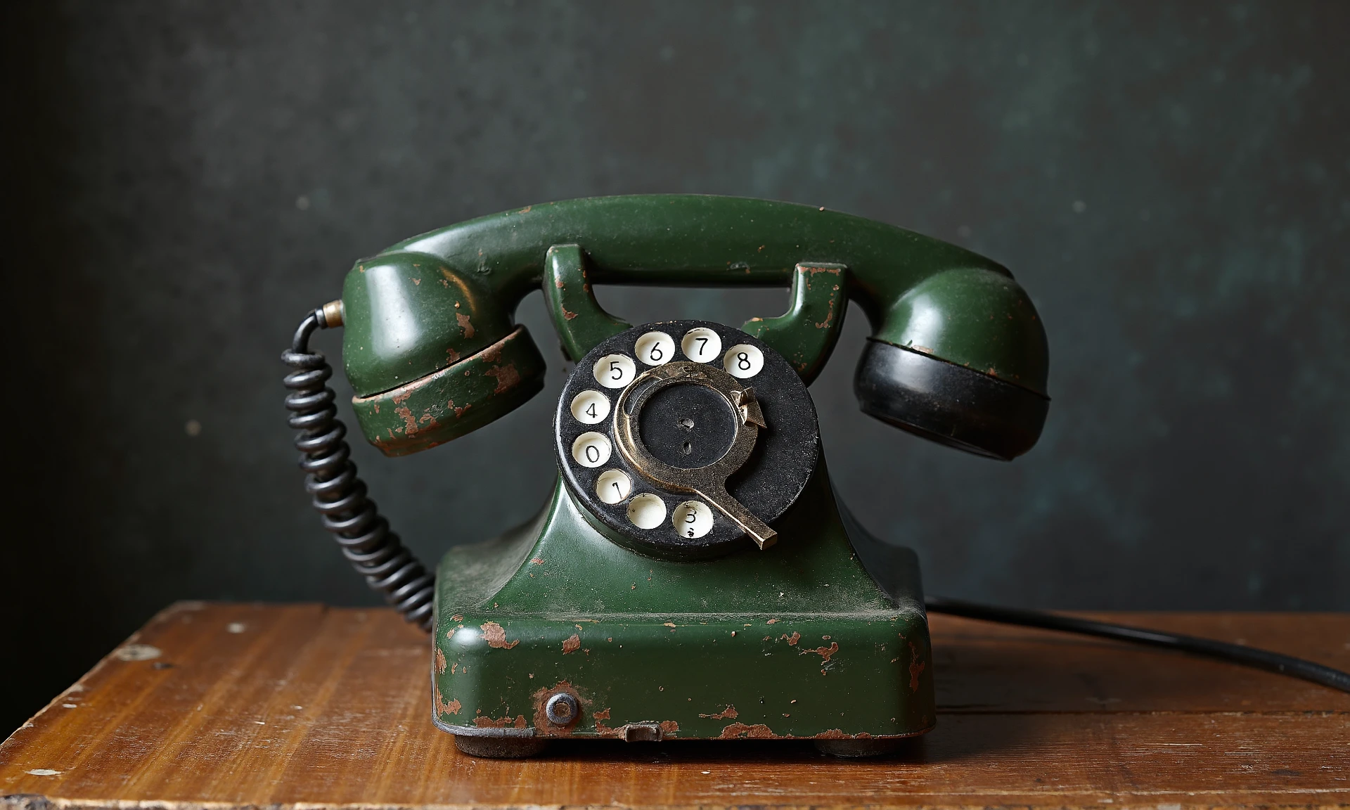 GRUNGE, a vintage dark green 60s phone on a wooden table