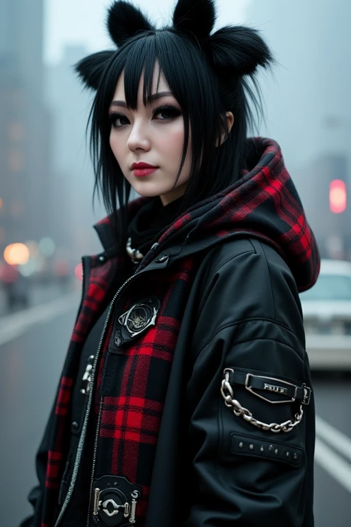 a high quality hyper realistic photograph of AmeshinBoo, with jet black hair, wearing an outfit with black gothic punk base and a red plaid accent with chains and buckles, standing in front of a misty cyberpunk background