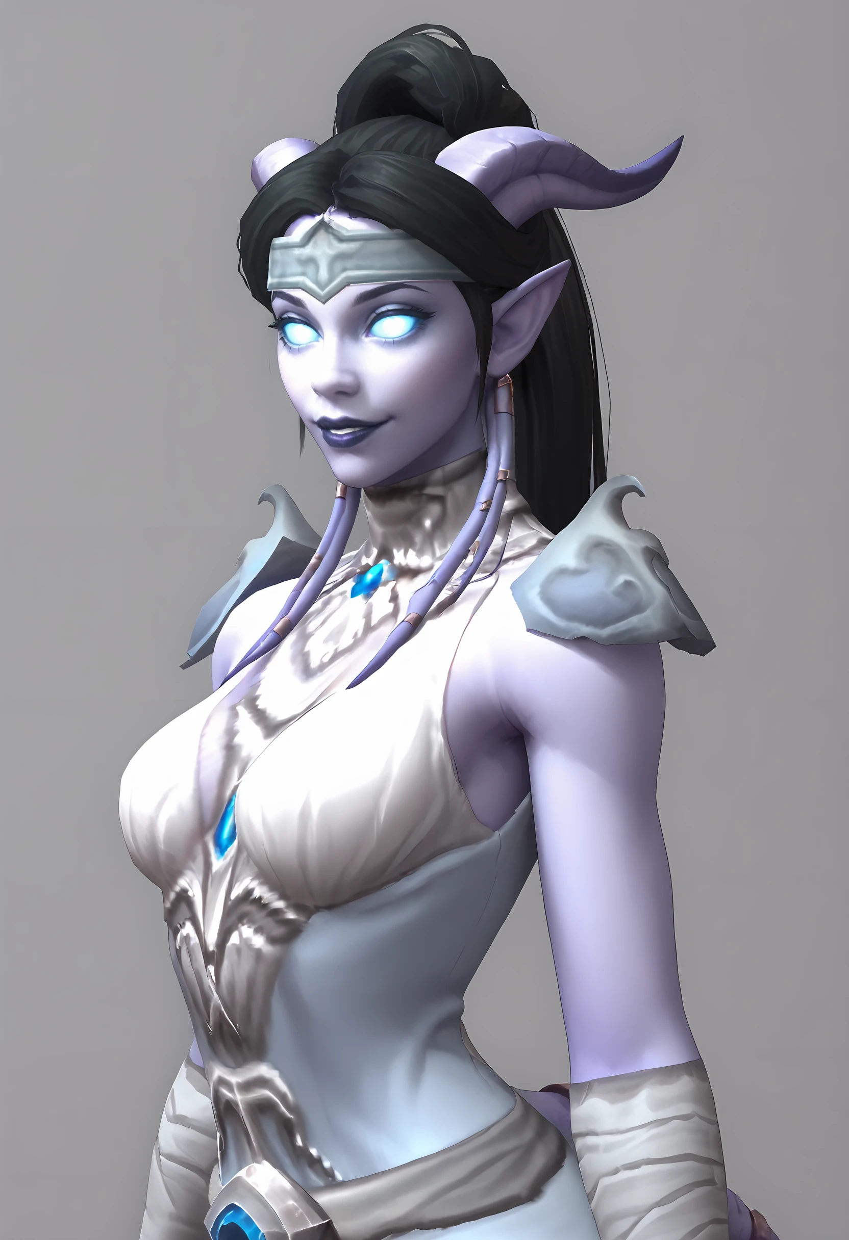 score_9, score_8_up, score_7_up, score_6_up, score_5_up, score_4_up, 1girl, <lora:DraeneiMoonclothWOW:0.85> , blue sclera, colored sclera, colored skin, purple skin, horns, glowing eyes, black hair, ponytail, long hair, pointy ears, purple lips, tail, breasts, dress, white dress, upper body, smile, looking at viewer, 
simple background,