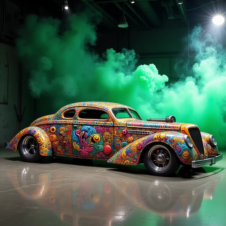 side view of a vintage hotrod muscle car covered with colorful art, sitting in a showroom with a spotlight, green smoke in background
