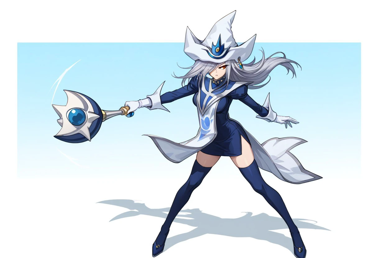 score_9, score_8_up, score_7_up, source_anime, good anatomy, 1girl, solo, SilentMagicianOG, long hair, silver hair, swept bang, red eyes, medium breasts, SiMaClassic, white and blue tabard with silver trim, short dress, blue skirt, pencil skirt, blue dress, white gloves, puffy sleeves, white and blue hat, wizard hat, metal choker, side slit, blue thighhighs, blue shoes, standing, spread legs, fluttering tabard, fluttering dress, gold and blue stick, holding stick, holding, holding gold and blue stick, fighting stance, glaring, hair over one eye