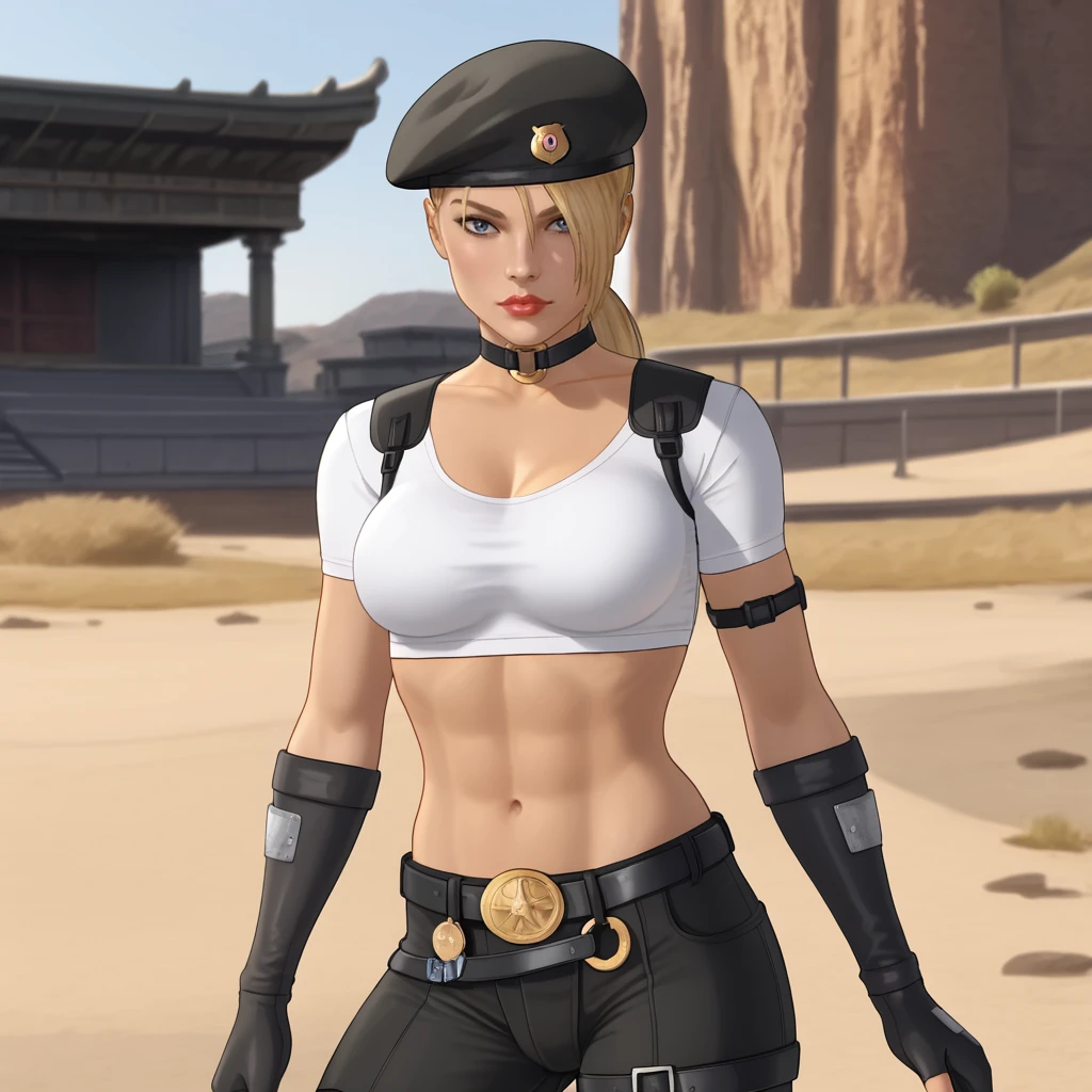 <lora:sonyablademkvsdc_pony_v1:.8>  SonyaBladeMKDC, 1girl, midriff, navel, crop top, elbow gloves, choker, hat, belt, blonde hair, medium breasts, white shirt, black pants, dark skin, lips, beret, ponytail, dark-skinned female, black headwear, cowboy shot