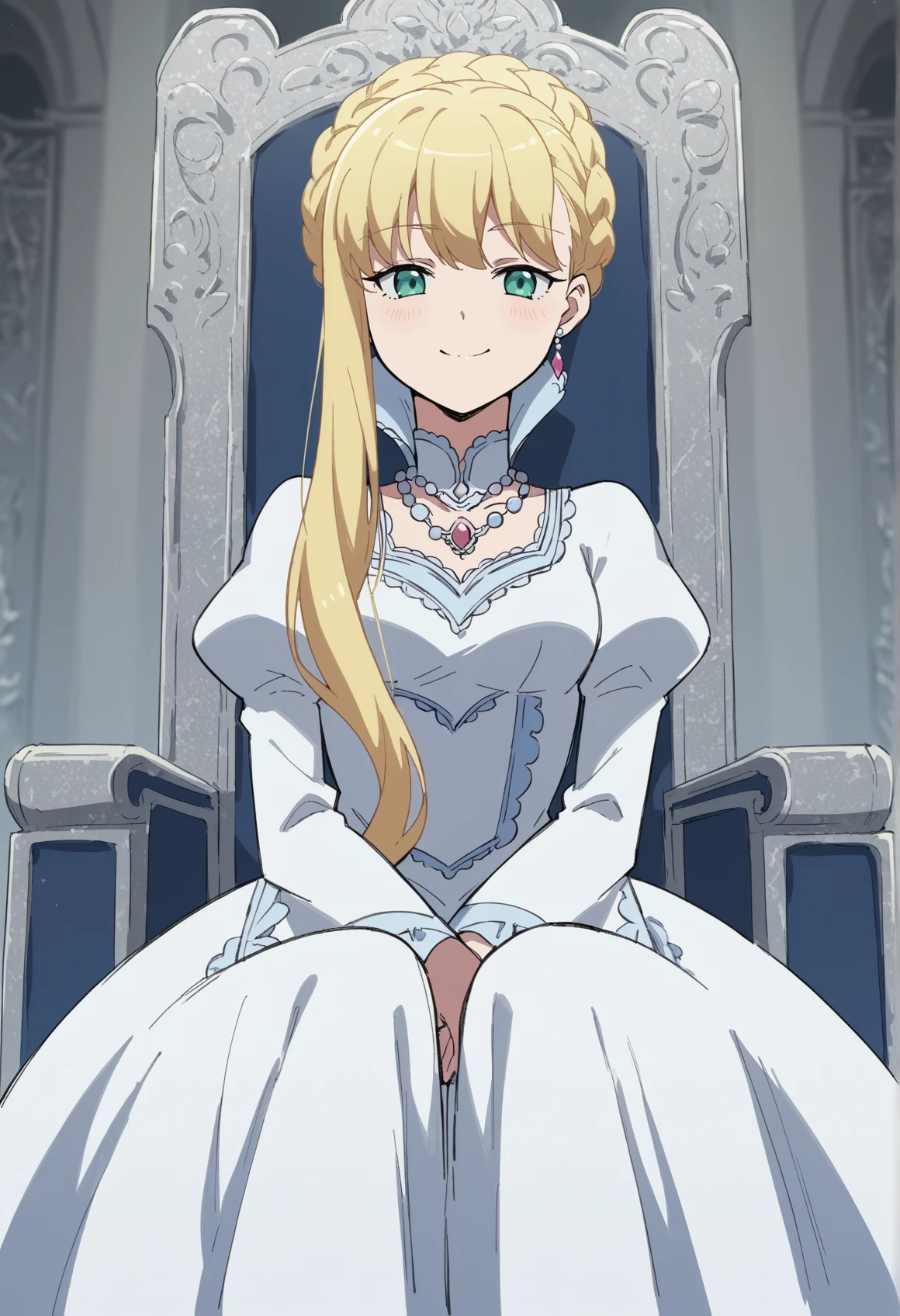 1girl, long hair, blonde hair, aqua eyes, french braid, single sidelock, white dress, puffy sleeves, long sleeves, supportasse, sitting, smug, royal throne, throne room, throne, looking at viewer, from below, closed mouth, half-closed eyes <lora:Aldonoah:0.8>, score_9, score_8_up, score_7_up, score_6_up, score_5_up, score_4_up, BREAK source_anime, masterpiece