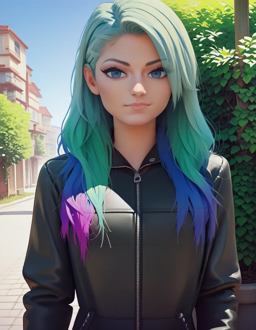 zPDXL3, score_9, score_8_up, score_7_up, score_6_up, score_5_up, score_4_up, highres, incredibly absurdres, outdoors, 1girl, solo, upper body, alexa bliss, blue eyes, long hair, multicolored hair, blue hair, green hair, looking at viewer,  gakuran jacket, long sleeves, puffed sleeves<lora:Alexa_Bliss:0.6> <lora:Flipherrrr Style:1>