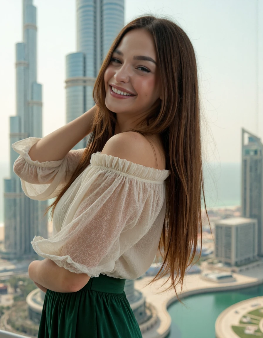 22-year-old woman, an elegant appearance. The 22-year-old model poses on a rooftopbar at night in dubai, near marina bay. Sie lehnt sich gegen eine wand. Im hintergrund funkelt eine lichterkette.  Man kann den burj al arab sehen. My brown hair falls in long waves over my shoulders and hangs down at the sides of my breasts, frames my face and highlights my green eyes. My full, dark red lips are shaped into a smile. My snub nose is covered with freckles, which contrast with my tanned skin. My eyebrows are thick and dark, gives me a seductive look. My cheekbones are high and defined, and my eyelashes are long and curved. shows my curves.. Her pose is elegant and relaxed, with the body facing the camera, Face turned to the side. the model wears multiple necklaces, an elegant shirt and a highwaist skirt. Ihr Haar ist offen  and her makeup is light and natural. The shot is far away from the model, with the camera positioned slightly lower, to highlight their beauty. there is a vintage film atmosphere, she laughs and smiles . she seems happy. she has white teeth. hands not in picture. Iphone13 quality 