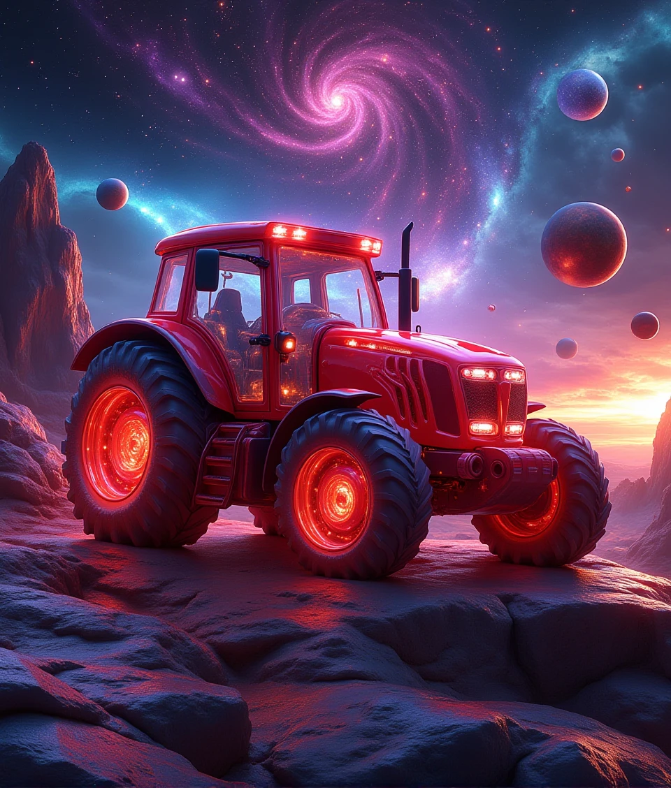 stonegalaxy,a red tractor working on planets-field in translucent universe