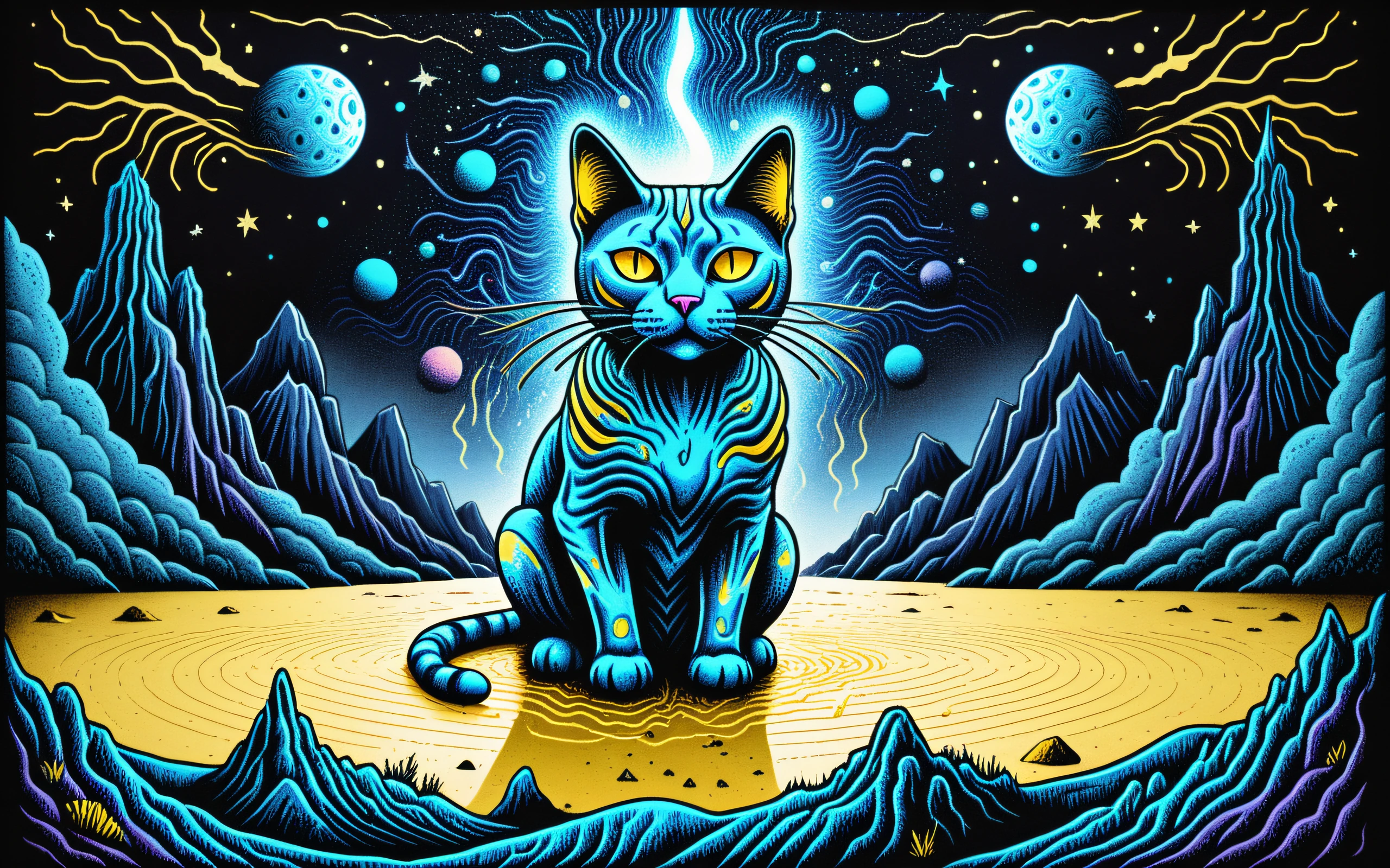 ((cosmic cat)) , <lora:Projext_X2:0.6>LSD-art, trippy, color line art, On pale black paper, landscape of a Eerie (Ljubljana:1.2) , beach, Foggy, Suffering, dripping dark blue and Mustard, Folded Tweed, perfect background, beautiful composition, great light, dynamic cinematic color, intense, creative, enhanced quality, vibrant