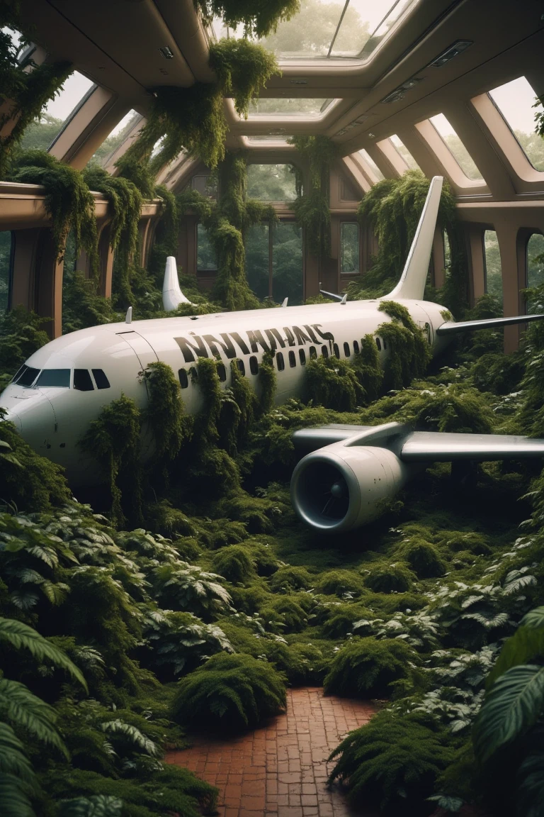 white airplane partially buried in lush, The image is a highly detailed CGI artwork depicting a surreal, almost mythical appearance., This is a photograph of a surreal, vibrant green foliage. The airplane, which covers her body and blends seamlessly with the foliage around her., with vines and leaves creeping up the glass walls, warm brown hue, each featuring large