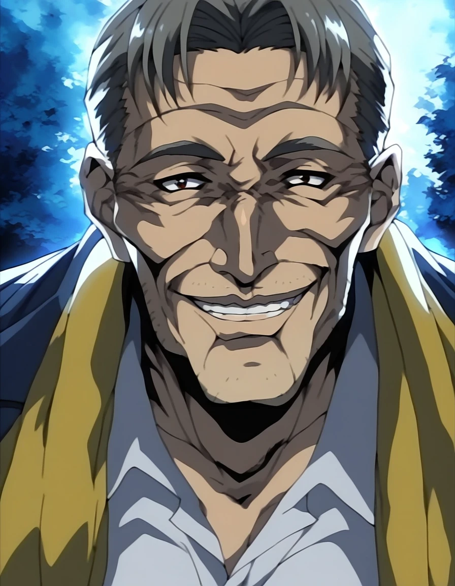 score_9,score_8,score_7_up,chouzuo \(style\),<lora:ponychouzuo2v-000009:1>,night,1 man,solo,stubbleï¼evil smile,looking at viewer,grey hair,old man,blue coat,yellow towel,white shirt,backlight,dark background