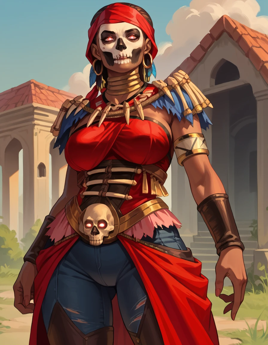 score_9, score_8_up, score_7_up, 2d, source_cartoon, cartoon,
WitchDoctor, dark-skinned female, glowing eyes, skull facepaint, hoop earrings, jewelry,
curvy, wide hips, thick thighs, large breasts,
<lora:WitchDoctor:0.8>