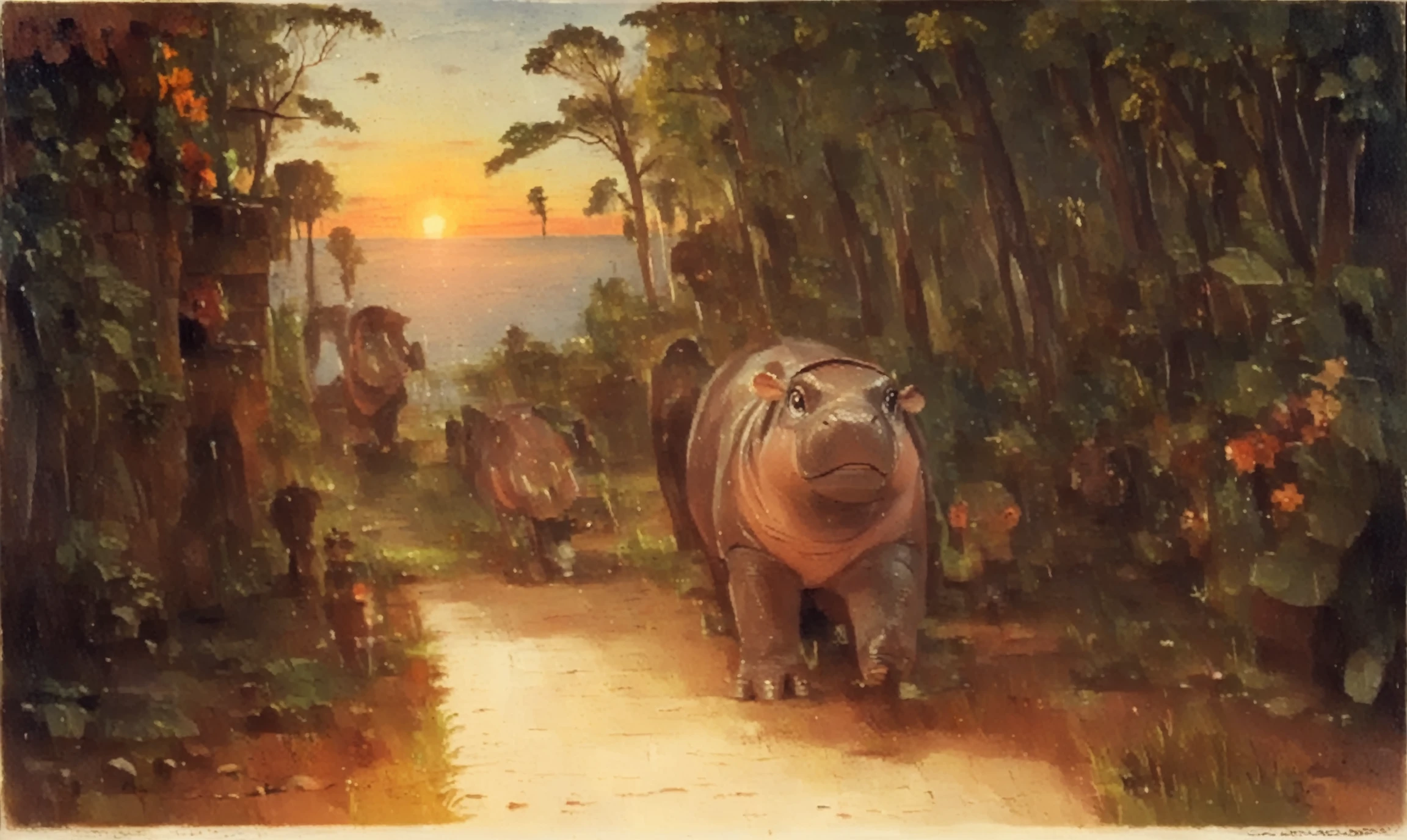 <lora:john-frederick-kensett_pony_v1:1> '  Sunset ' by KensettJohnFrederick in 1856,interior \(genre\), Luminism \(style\), scenery,traditional media,nature,natural,  <lora:Moo_DengXLP:0.75> no humans, moo deng, hippo, score_9, score_6_up, score_7_up