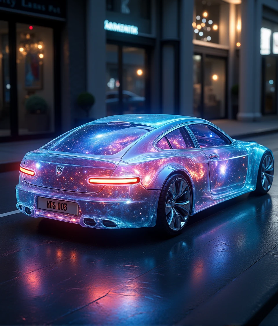 stonegalaxy of a translucent car with galaxy inside running on street