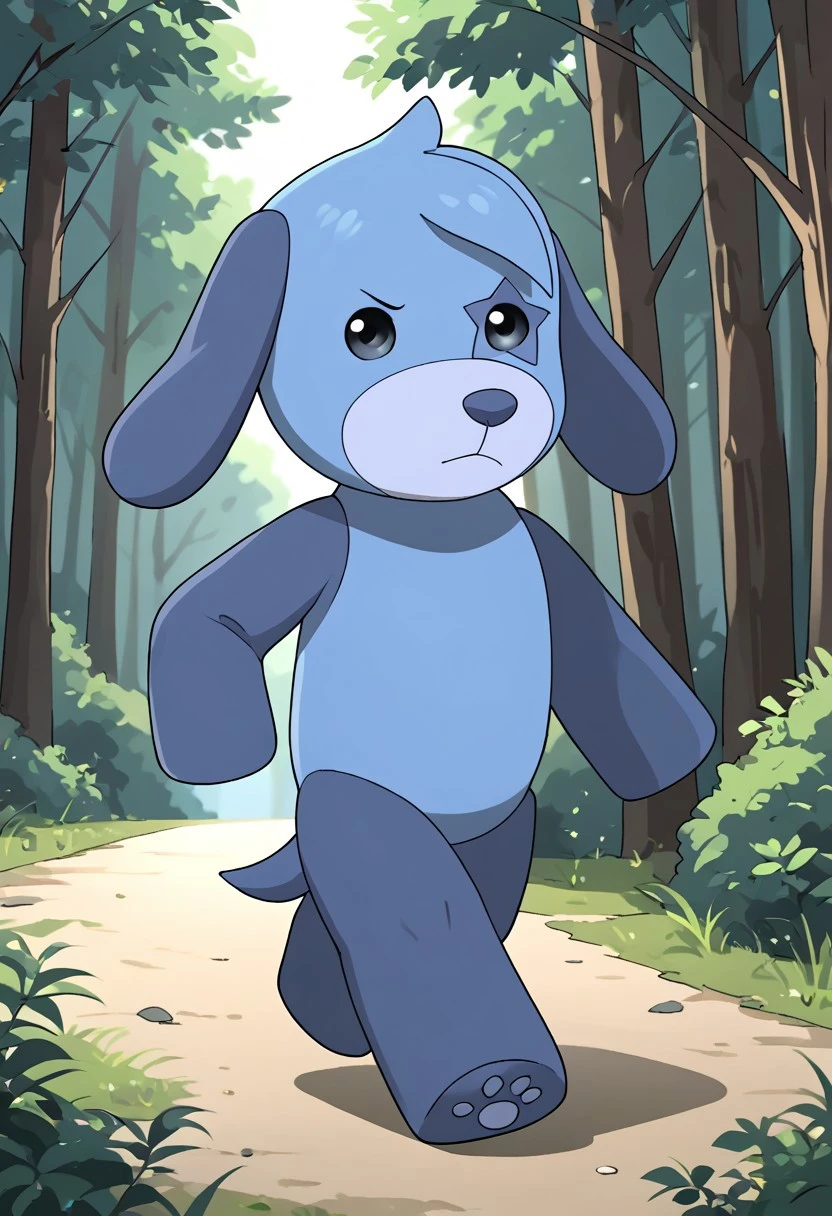 Living Plushie. Blue dog. Male. Chibi. Black eyes. Floppy ears. Solo. Full body. easynegative. zPDXL3. Walking. Forest background.