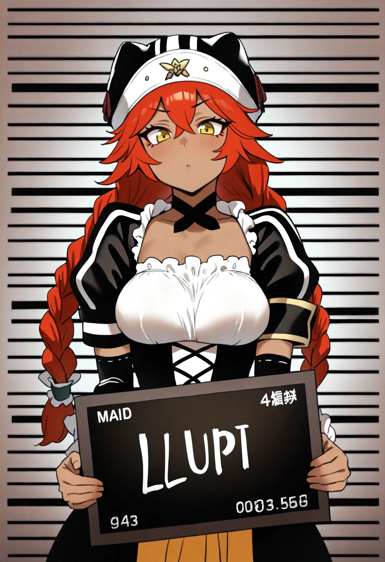 best quality, amazing quality, very aesthetic, absurdres,
1girl, lupusregina, red hair, long hair, twin braids, yellow eyes, dark skin, choker, dress, hat, maid, mugshot, holding sign, looking at viewer   <lora:LupusReginaIllustriousXL_byKonan:1>