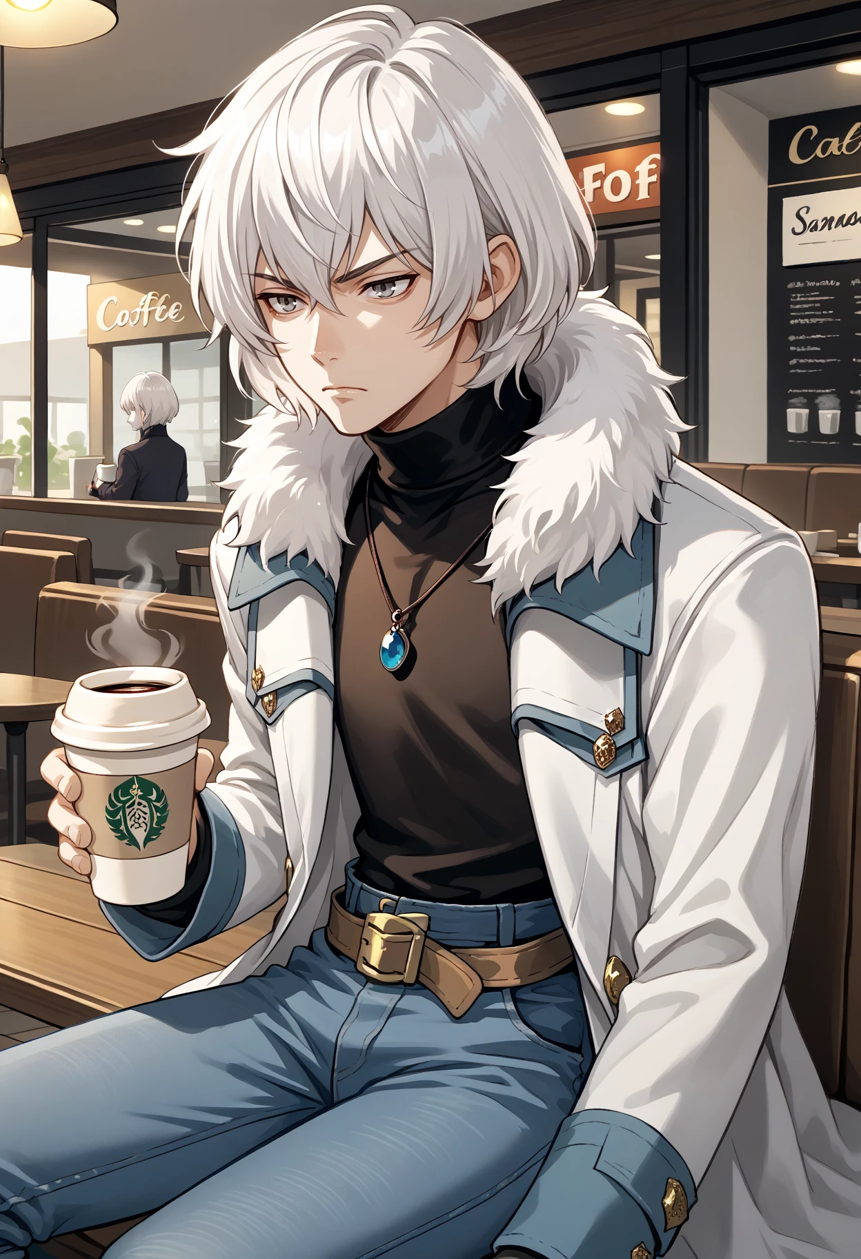 score_9, score_7_up, source_anime, 1boy, solo, sitting, bored, holding coffee cup, <lora:SomaCV-pdxl:1> soma, white hair, short hair, grey eyes, white coat, open coat, fur trim, long sleeves, black turtleneck, pendant, brown belt, jeans, cafe, indoors