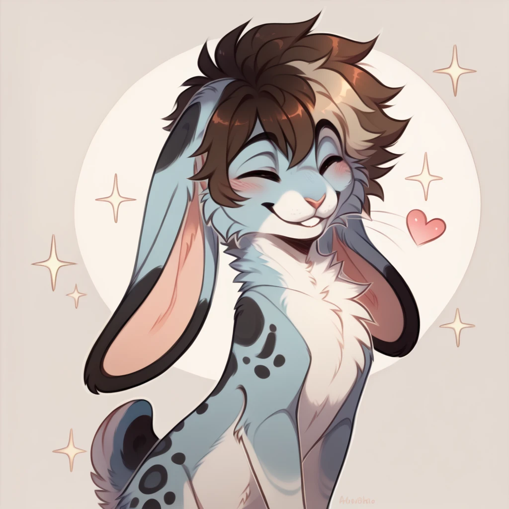 mammal, lagomorph, leporid, rabbit, solo, hair, fur, tail, simple background, <3, ambiguous gender, feral, white body, sparkles, digital media (artwork), eyes closed, multicolored hair, smile, white fur, tuft, curled hair, brown hair, anthro, blue body, grey body, blue fur, markings, spots, piercing, long ears, short tail, grey fur <lora:gosdoq_1.0Pony:1>