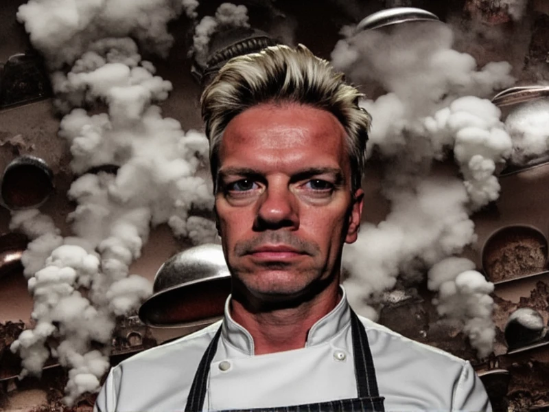 Gordon Ramsay doing the thousand yard stare, kitchen, stare, neutral expression, bloodshot eyes, staring at the camera, wide eyes