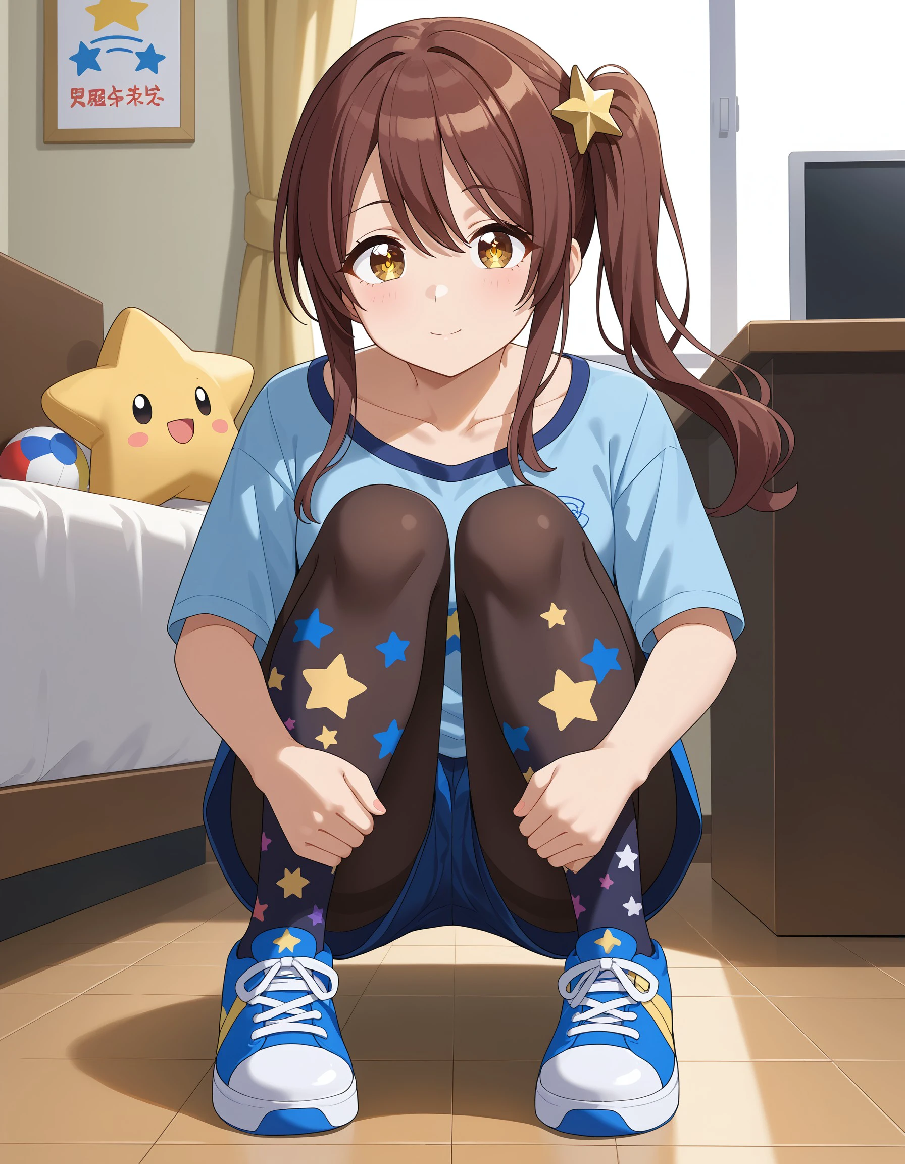 (masterpiece), best quality, expressive eyes, perfect face, star print, side ponytail, sneakers, star (symbol), hair ornament, ball, squiggle, shoes, pantyhose, looking at viewer, collarbone, print legwear, shirt, indoors, shorts, tenkaosaki, <lora:7a061fe7-597e-4769-b9ef-2e2352b92a9f:0.7>