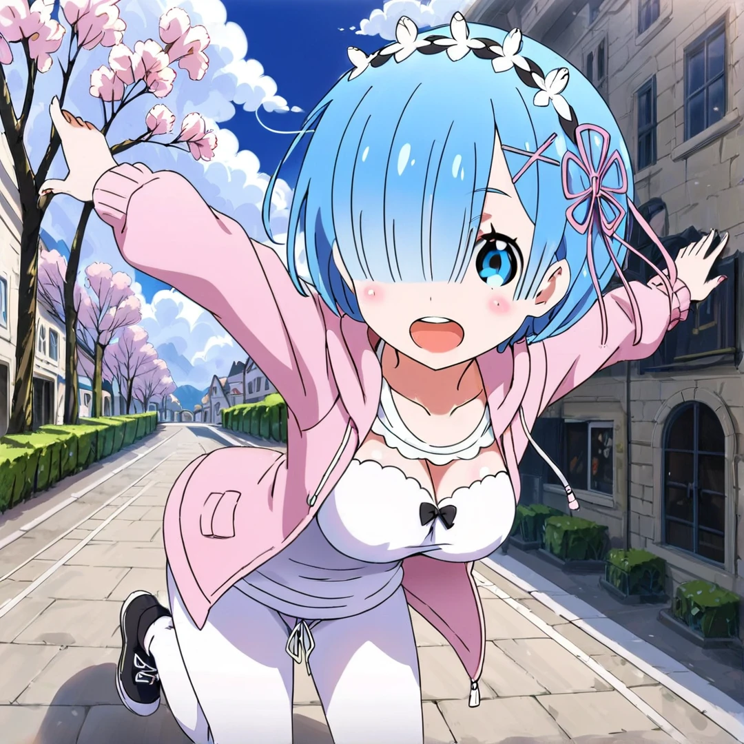 <lora:Rem:1>, rem, medium length sky blue hair that covers her right eye, large light blue eyes, has hair clips towards the left side of her hair, a flower-shaped ribbon on the same side of her hair, wears a  blue hoodie, a pink cardigan, and 
 white jogging pants, large breasts, solo, in a street