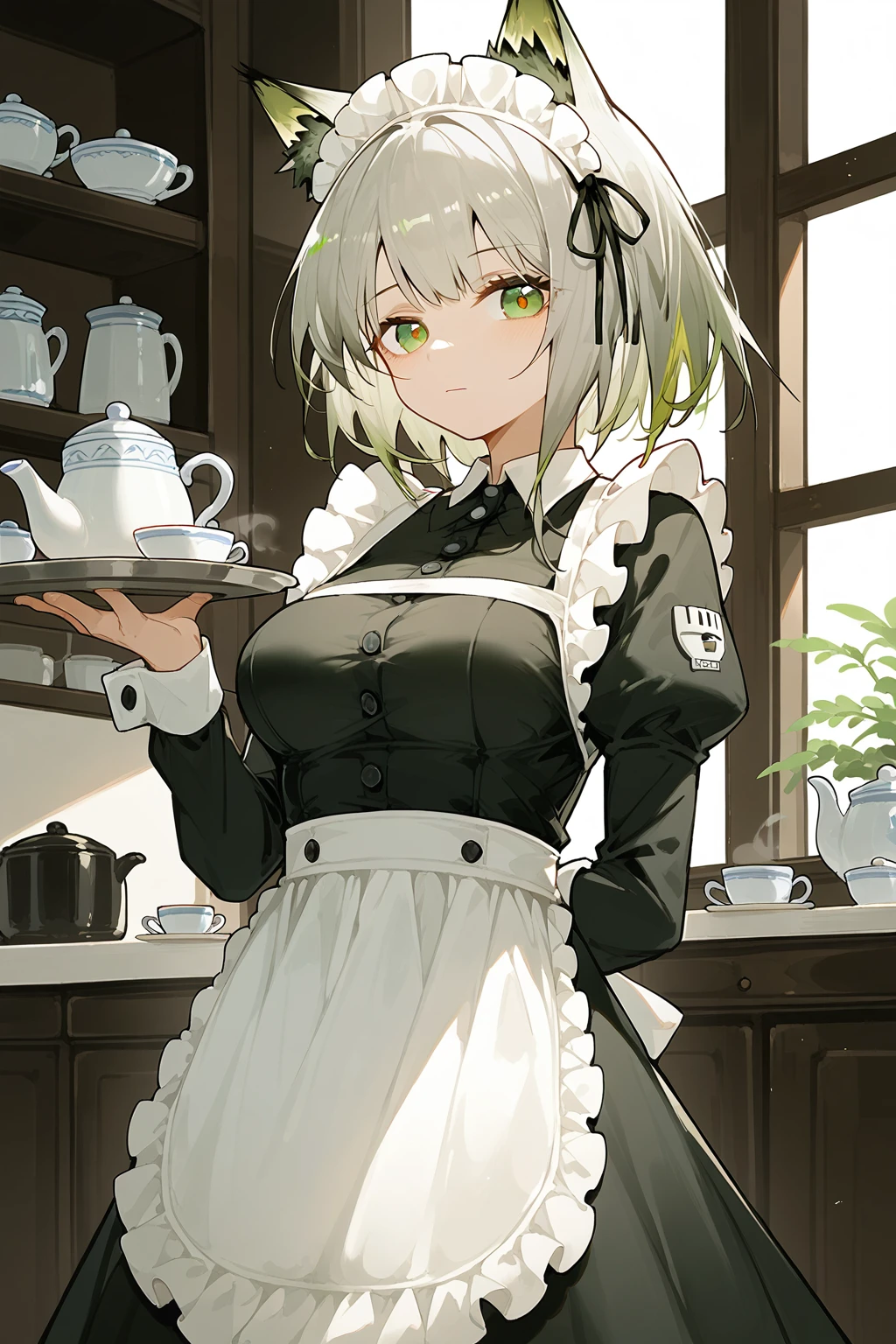 (score_9,score_8_up,score_7_up),<lora:kal'tsit (arknights)-v1:0.8>,1girl,kal'tsit (arknights),animal ears,solo,green eyes,apron,maid headdress,cup,maid,dress,long sleeves,cat ears,looking at viewer,official alternate costume,black dress,holding,white apron,breasts,indoors,hand on own chest,animal ear fluff,closed mouth,tray,short hair,cowboy shot,puffy sleeves,bangs,holding tray,juliet sleeves,alternate costume,medium breasts,maid apron,frills,teacup,plate,grey hair,green hair,ribbon,black ribbon,white hair,saucer,frilled apron,hair ribbon,teapot,buttons,standing,
good feet,anime,NSFW,expressive,amazing quality,ultra hd 32k,