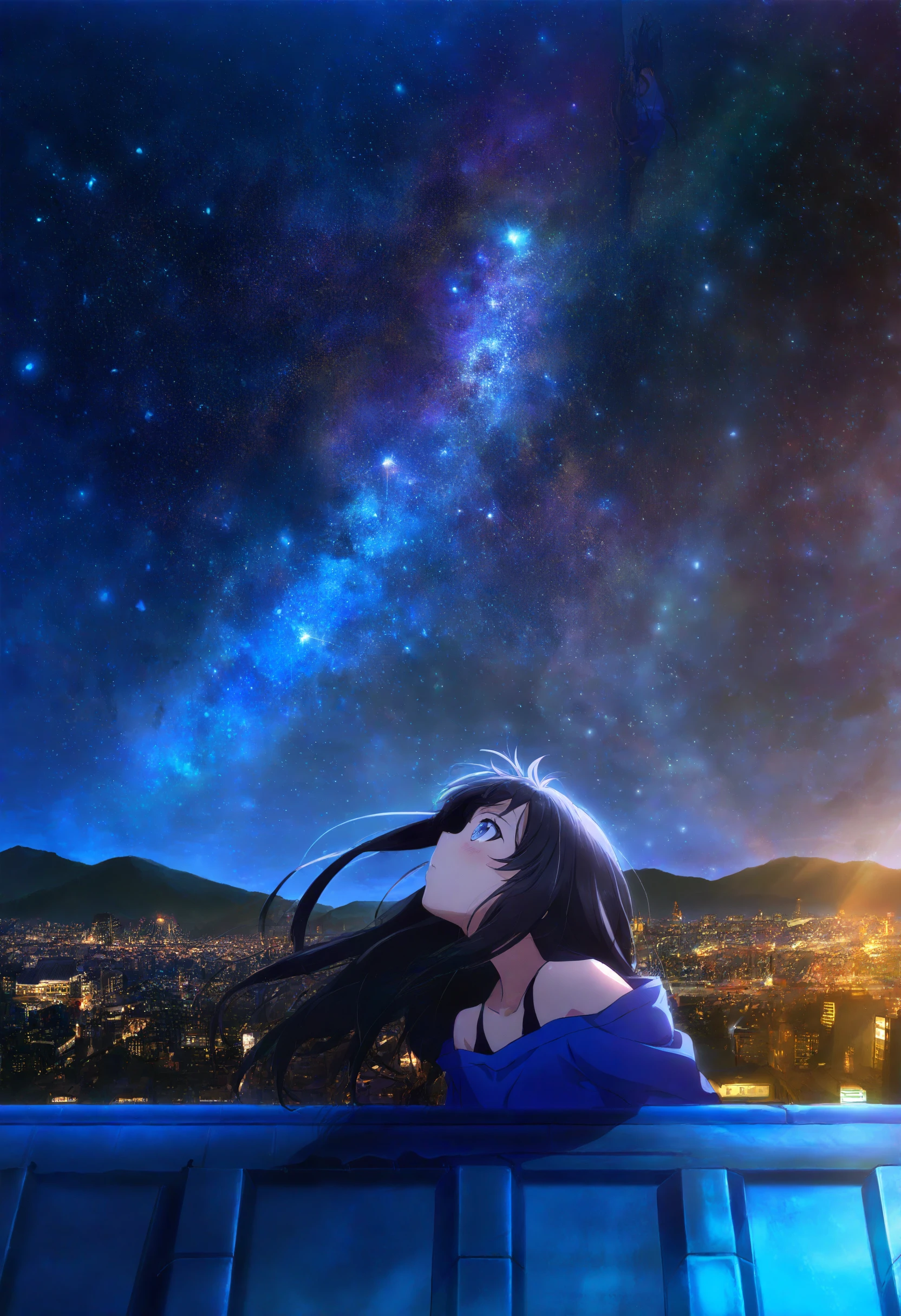 highres,absurdres,masterpiece,best quality,(anime screencap:0.5),<lora:MeMaV3_ill>,scenery,night,cityscape,star \(sky\),milky way,blue theme,1girl,on roof,wind,long hair,black hair,blue eyes,blue shirt,bare shoulders,blush,looking up,