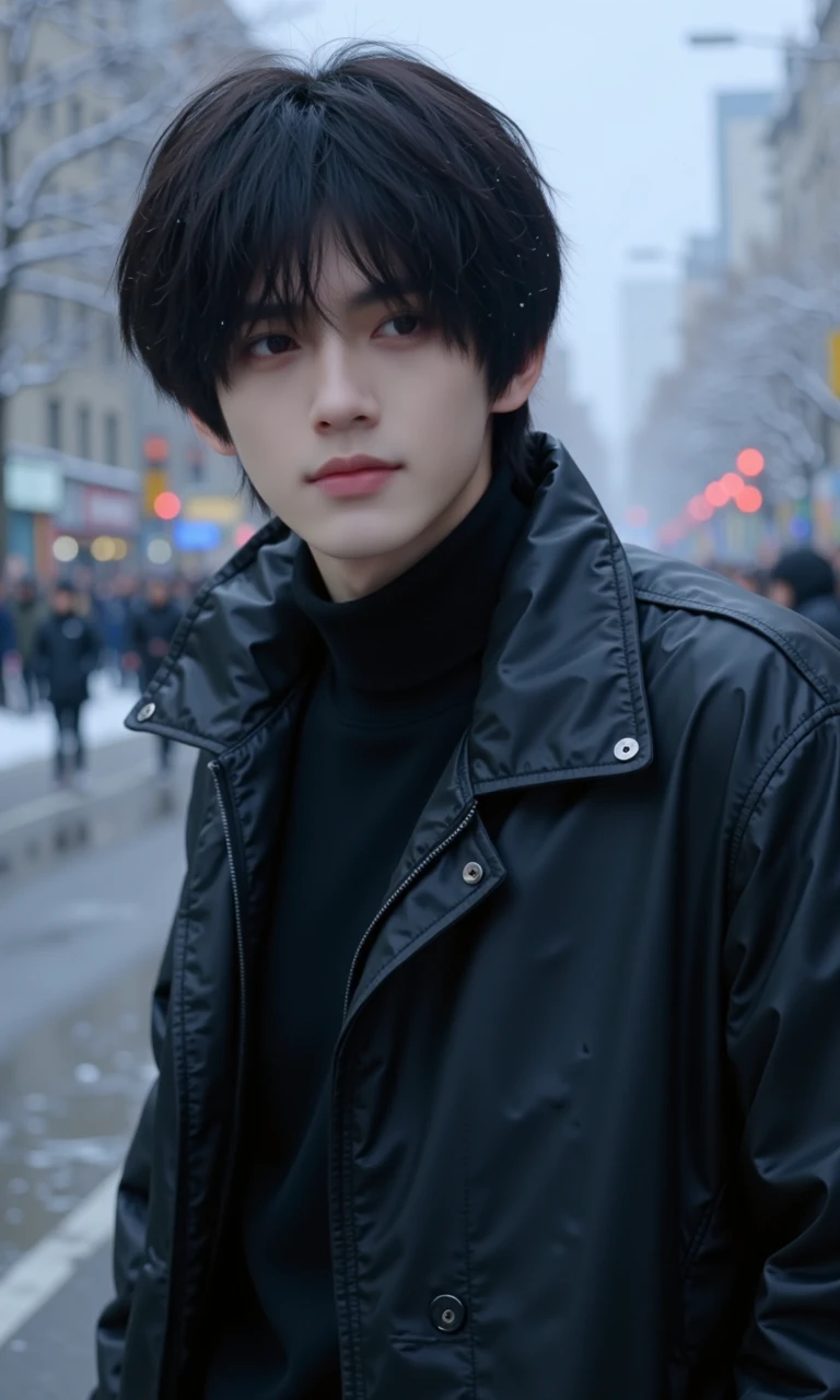 Solo, reddened eyes, 1boy, male focus, rushed jacket, black hair, shirt, realistic, collared shirt, upper body, water, looking at the audience, black eyes, long sleeves, short hair, outdoors, realistic street, facing the audience, snowing. Turtleneck Sweater, Reddened Eyes