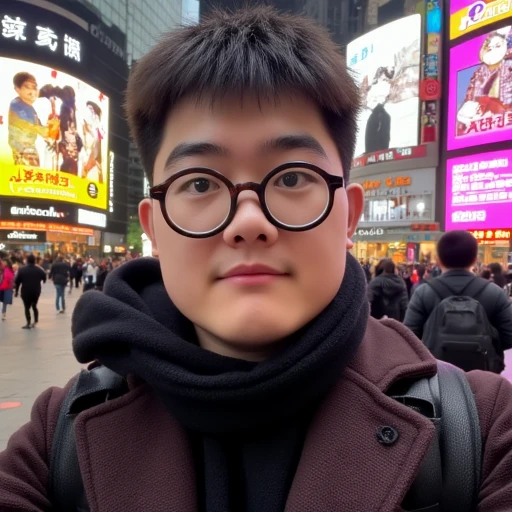 Shijie in an urban setting, taking a selfie in front of a famous landmark. He's wearing a stylish jacket and scarf, his round glasses slightly askew. The background shows a bustling city street with neon signs. Shijie has a curious, excited expression.