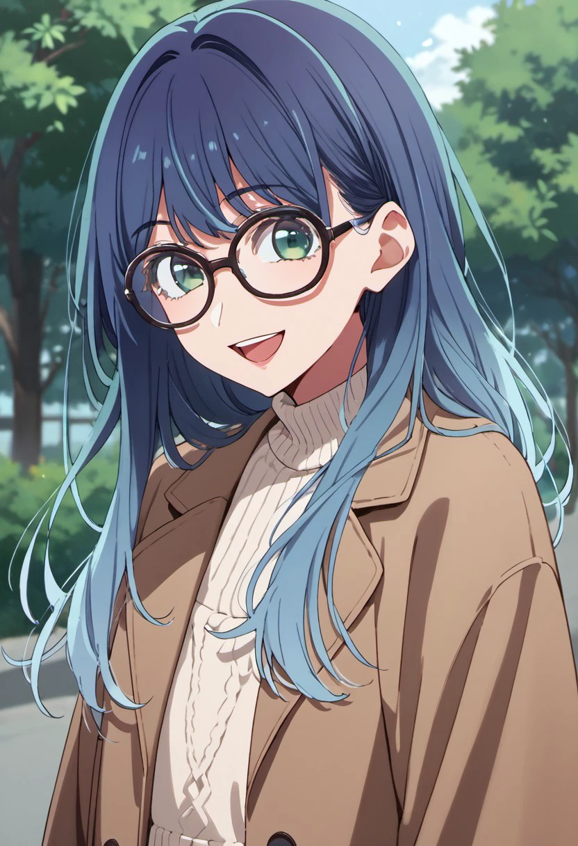 score_9, score_8_up, score_7_up, source_anime, kurokawa akane, blue hair, long hair, blue green eyes, 1girl, solo, open mouth, smile, outdoors, looking at viewer, glasses, upper body, brown coat, sweater, coat