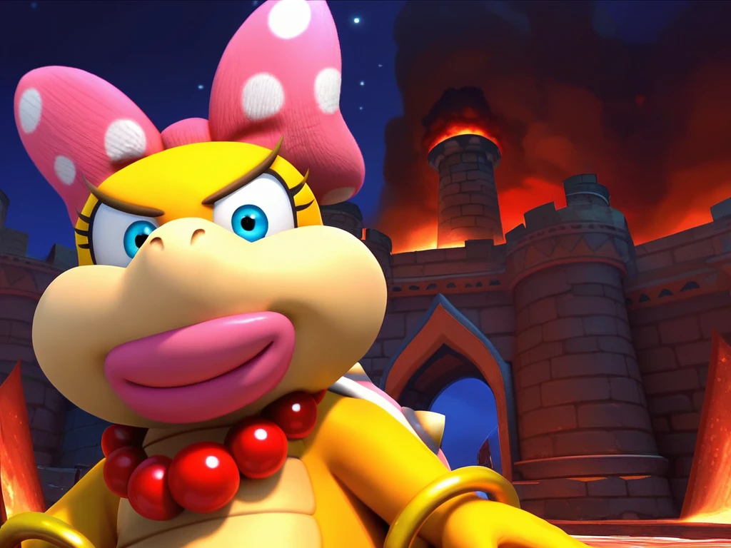 Score_9, score_8_up, score_7_up, score_6_up, BREAK
screencap, outdoors, castle, night, volcano
<lora:Wendy_koopa_game:0.8> wendy koopa game, spiked shell, yellow skin, tan skin, blue eyes, pink lipstick, polka dot bow, beaded pearl necklace, gold bracelets, polka dot bow, portrait, looking at viewer, smile