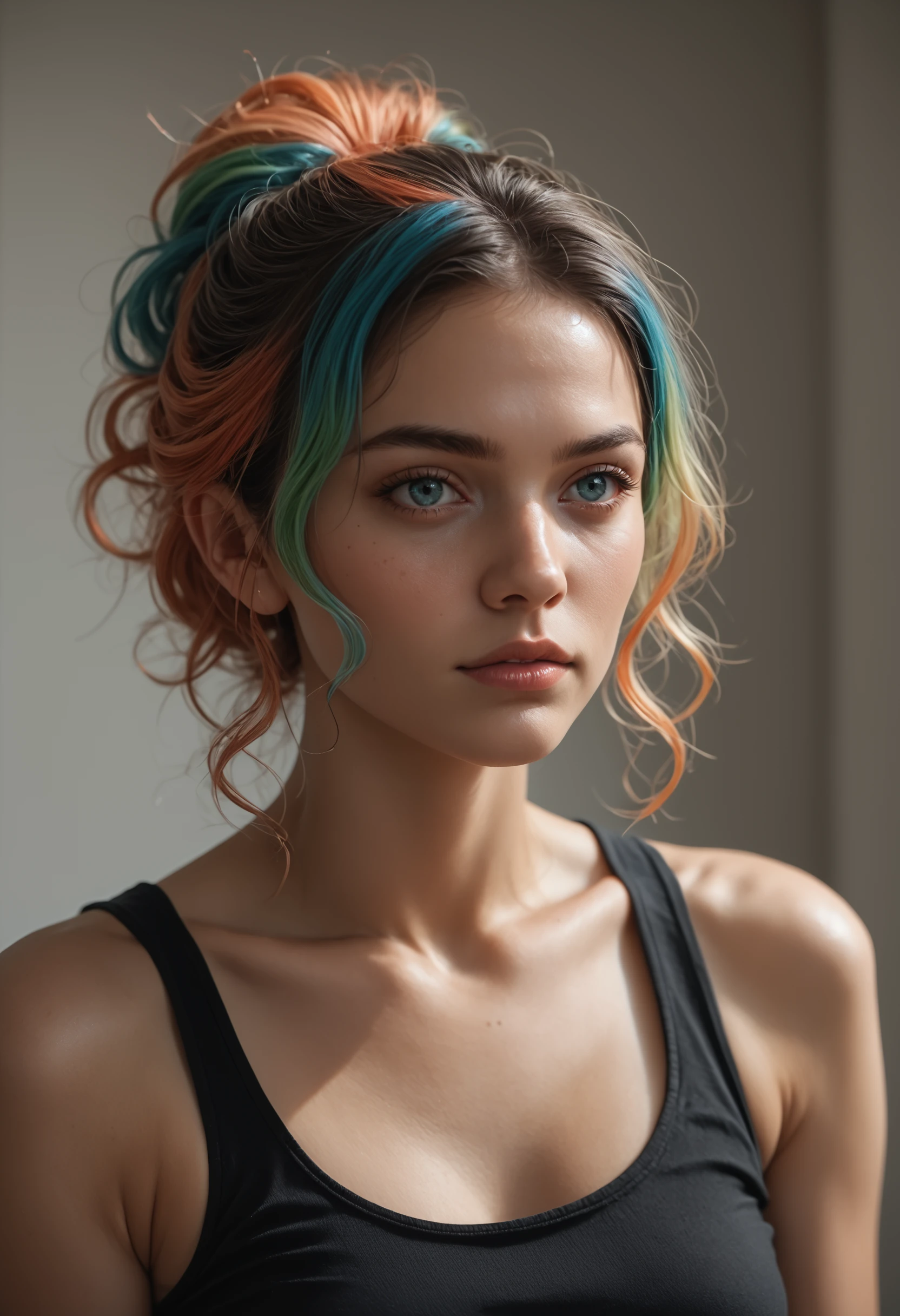 a woman with multi colored hair in an updo that is curly and a black top is looking at the camera with a sultry look on her face Score_PnyReal