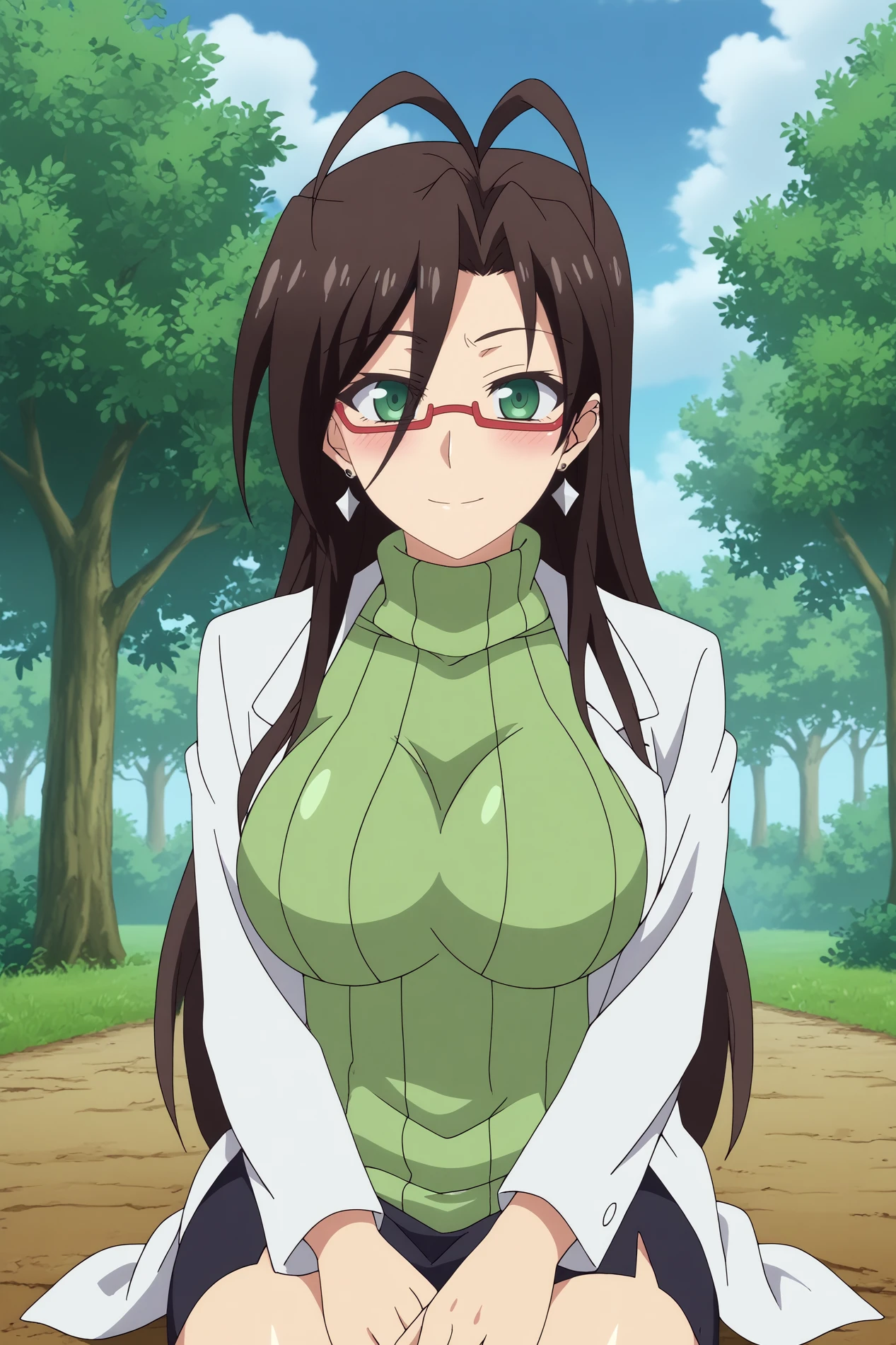  chisato hasegawa,1girl,mature,glasses,smile,blush,solo,earrings,antenna hair,red-framed eyewear,sweater,breasts,labcoat,large breasts,mole,turtleneck,looking at viewer BREAK outdoors,forest,blue sky,tree,  sit,  <lora:Chisato_Hasegawa_-_Shinmai_Maou_no_Keiyakusha.safetensors:0.8>