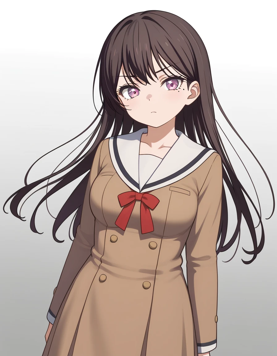 shiiina taki, 1girl, solo, school uniform, looking at viewer, gradient background, hanasakigawa school uniform, long sleeves, white sailor collar, cowboy shot, breasts, red ribbon, mole under eye, <lora:shiina_taki_PonyXL_v1.2:1>, brown dress, double-breasted,