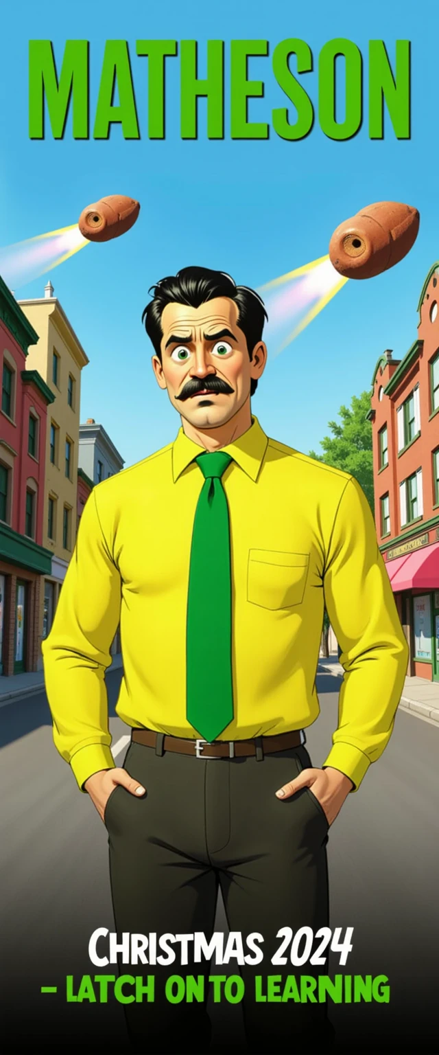 <lora:EverlyHeightCoverArtFLUX_000000400:1> A BillMatheson man wearing a yellow dress shirt and green tie standing in downtown Everly Heights, an asteroid and UFOs barreling through the sky behind him. The poster title should say MATHESON. There is a tagline that says "LATCH ON TO LEARNING - CHRISTMAS 2024" <lora:billmatheson-flux:.75>