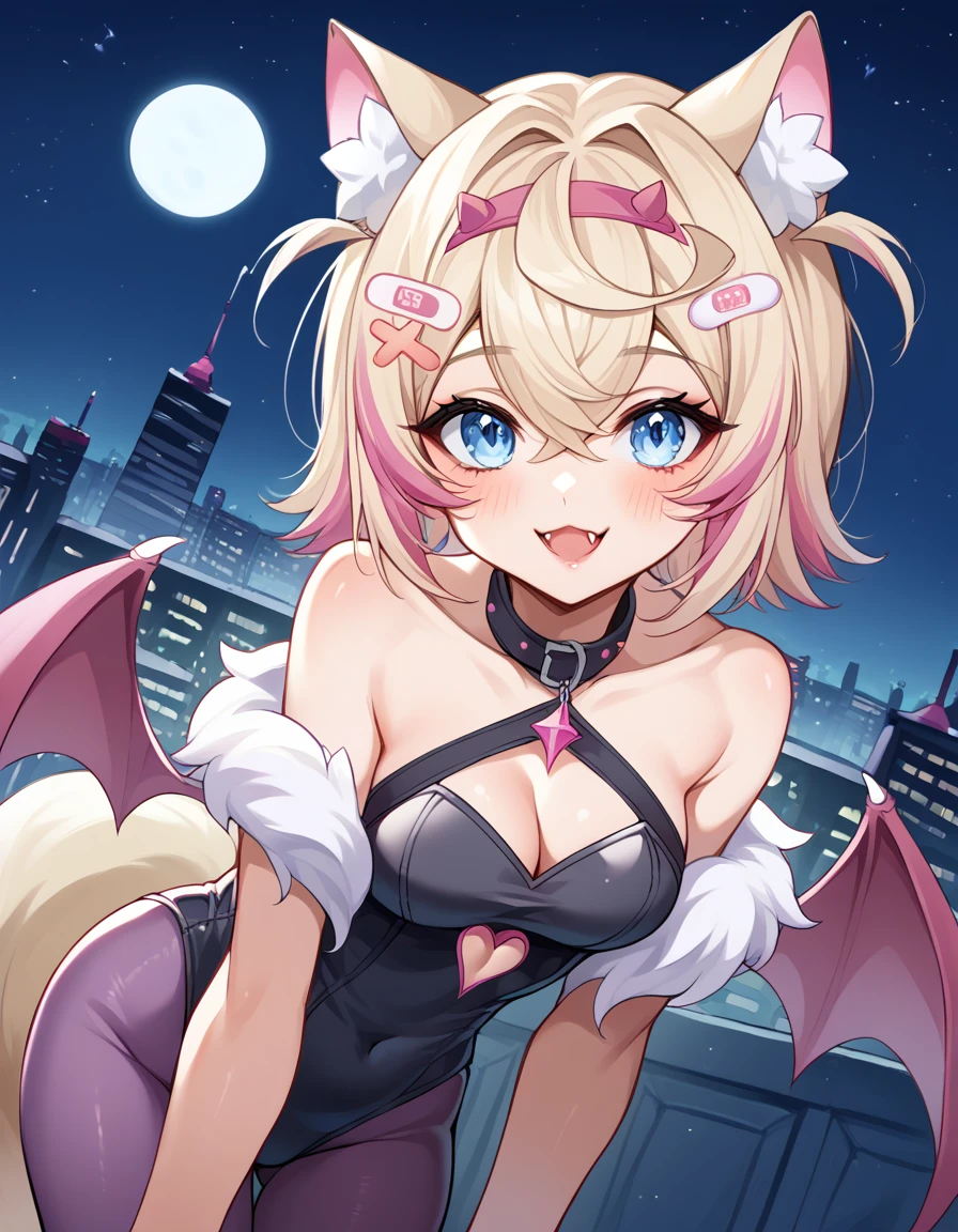 score_9, score_8_up, score_7_up, source_anime, <lora:mococo-abyssgard-ponyxl-lora-nochekaiser:1>, mococo abyssgard, animal ear fluff, animal ears, blonde hair, bandaid, bandaid hair ornament, blue eyes, dog ears, dog girl, dog tail, double-parted bangs, pink hairband, fake horns, fangs, hair between eyes, hairband, hairclip, horns, short hair, medium breasts, multicolored hair, pink hair, streaked hair, crossed bangs, x hair ornament, <lora:morrigan-aensland-cosplay-ponyxl-lora-nochekaiser:1>, morriganaenslandcosplay,head wings, lipstick, makeup, animal print, bat print, bat wings, black leotard, cleavage, clothing cutout, demon girl, fur trim, fur-trimmed leotard, heart cutout, leotard, low wings, pantyhose, print pantyhose, purple pantyhose, wings, bare shoulders, collarbone,, outdoors, cityscape, night, moon, bent over, smile, blush, , cowboy shot, dutch angle
